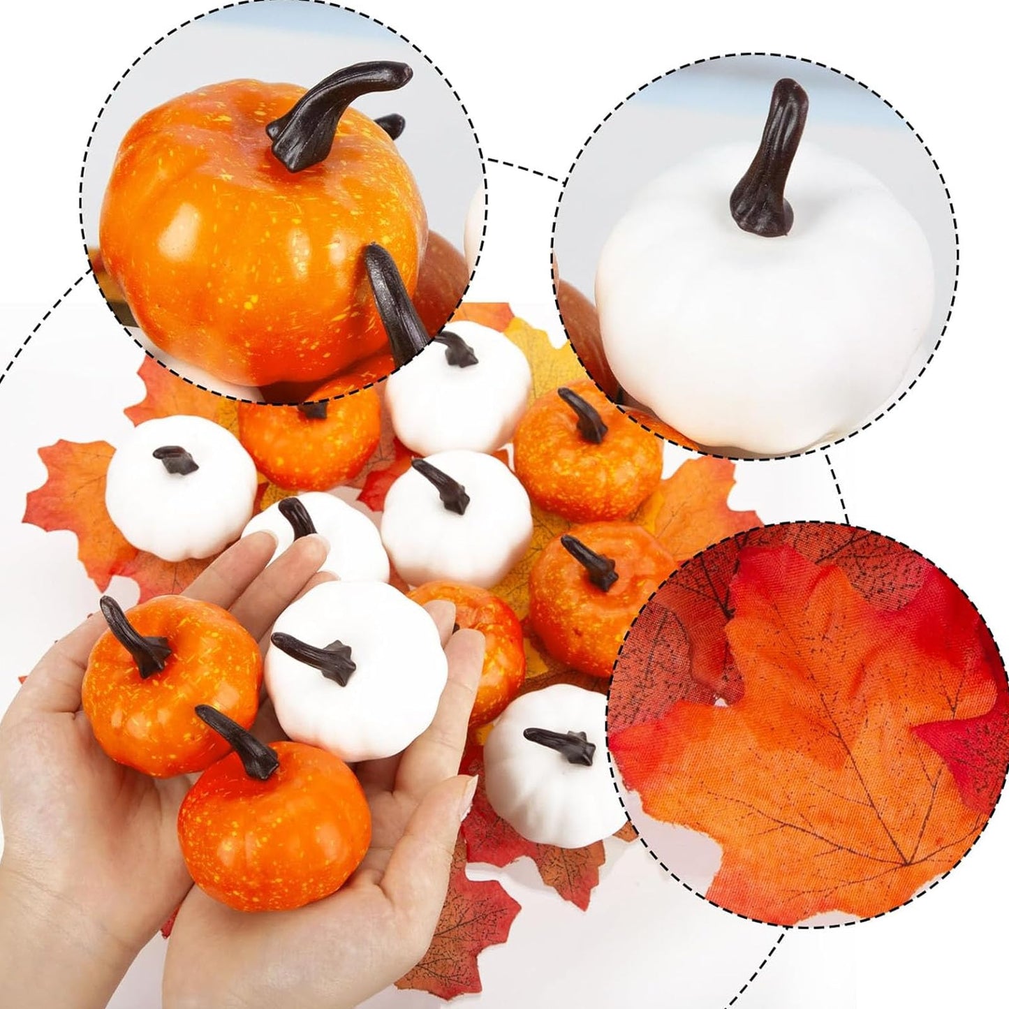 42 PCS Artificial Pumpkins Decorations, 12PCS Fake Pumpkins with 30Packs Maple Leaves for Fall Harvest Crafts Halloween Thanksgiving Decor