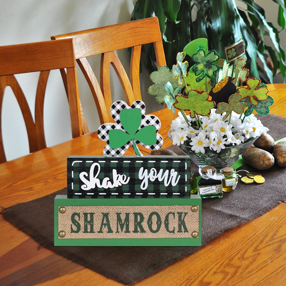 St Patricks Day Decorations, 3-Layered Shamrock Wood Block St Patricks Day Decor, Shamrock Ornaments Shake Your SHAMROCK Sign Saint Patricks Day Decorations for the Home, Table, Mantel