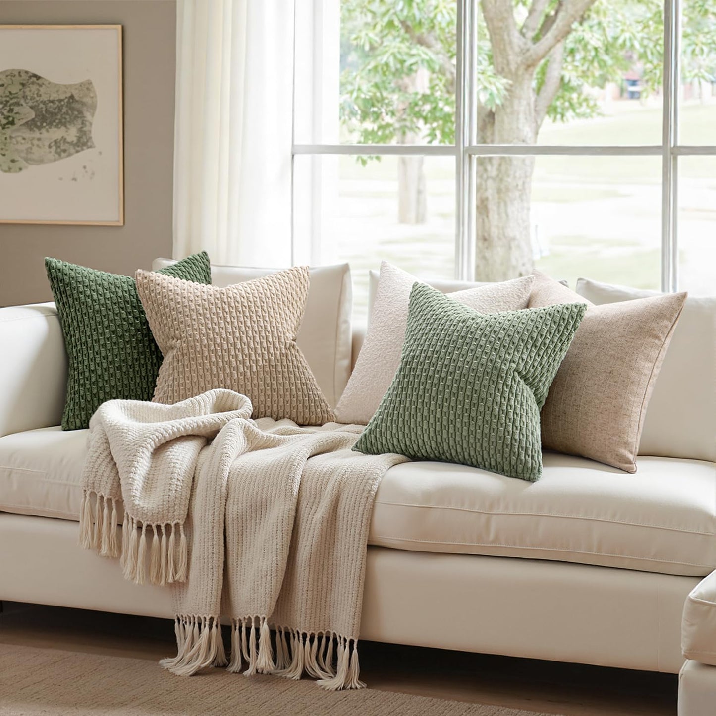 Throw Pillow Covers Soft Corduroy Decorative Set of 2 Boho Striped Pillow Covers Pillowcases Farmhouse Home Decor for Couch Bed Sofa Living Room Spring 18x18 Inch Sage Green