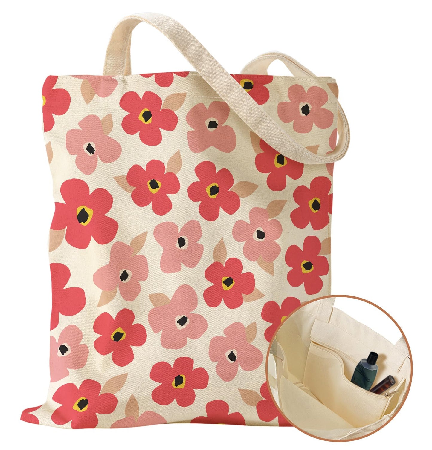 Miss Adola Aesthetic Canvas Tote Bag with Inner Pocket for Women, Cloth Cotton Totes Bag with Pattern for Shopping, Gym, PK Flower