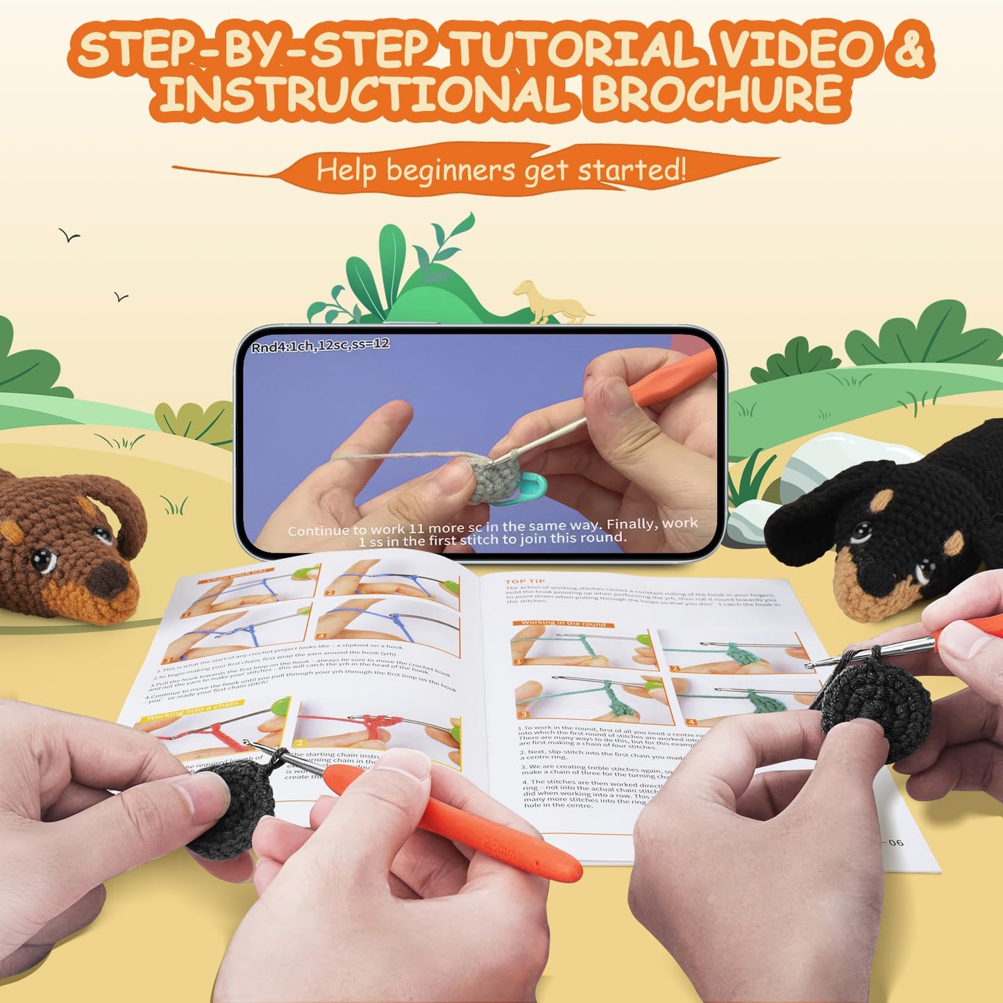 Crochet Kit for Beginners - 2 PCS Dachshund Crochet Kits with Step-by-Step Video Tutorials, Beginner Crochet Kit for Adults Kid, Crochet Animal Kit, Dog Craft Knitting Kit Crochet Gifts