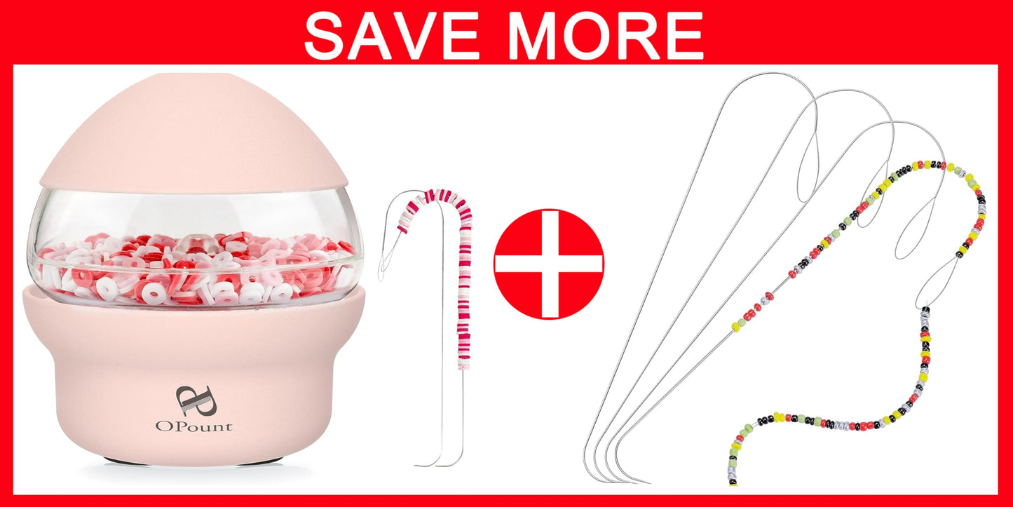 Pink Electric Bead Spinner & 4 PCS 5.3 inch Large Eye Curved Beading Needles, Suitable for Clay Bead, Seed Bead, Round Beads, Bead Spinner for Jewelry Making, Bracelet, Necklace (Patent)