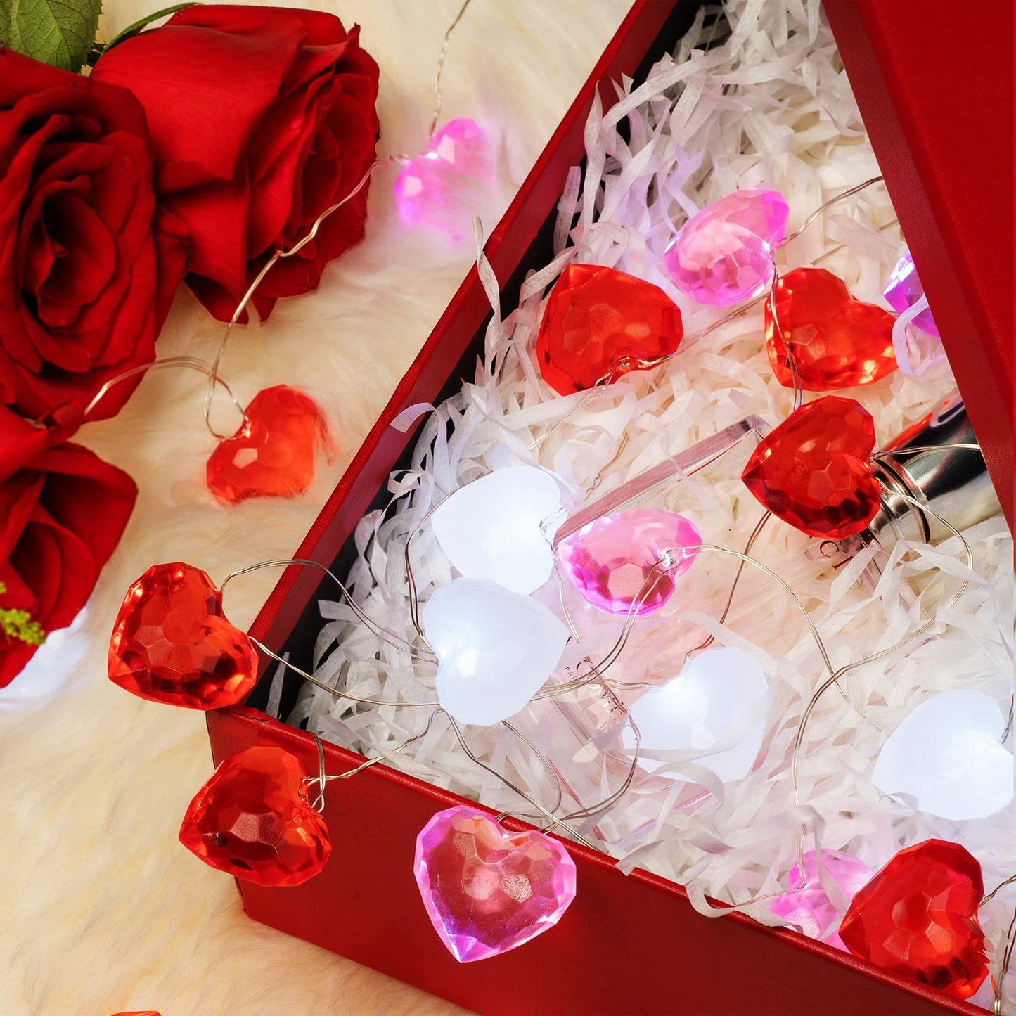 Valentine Day Decor 10 ft 30 LEDs 3D Heart Lights, Red White Pink Fairy String Lights with Remote Battery Operated, Valentines Decorations for The Home Bedroom Garland Wedding Indoor Timer