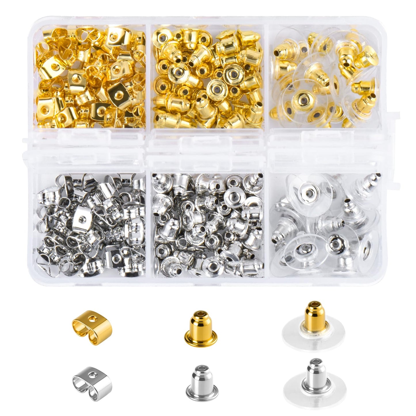 6 Styles Earring Backs for Studs/Droopy Ears/Heavy Earring,170 Pcs Clear Metal Backs Replacements Hypoallergenic Backings Clutch Stoppers Kits for Fish Hook Studs Hoops