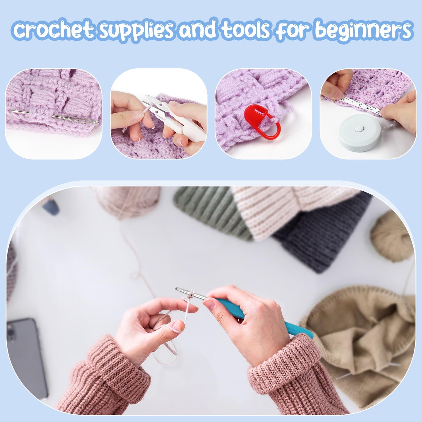 Crochet Kit for Beginners with Yarn and Introduction Book, Crochet Starter Kit Everything for Ages 8-12, Learn to Crochet Kit with Ergonomic Soft Grip Crochet Hooks and Blue Flower Bag