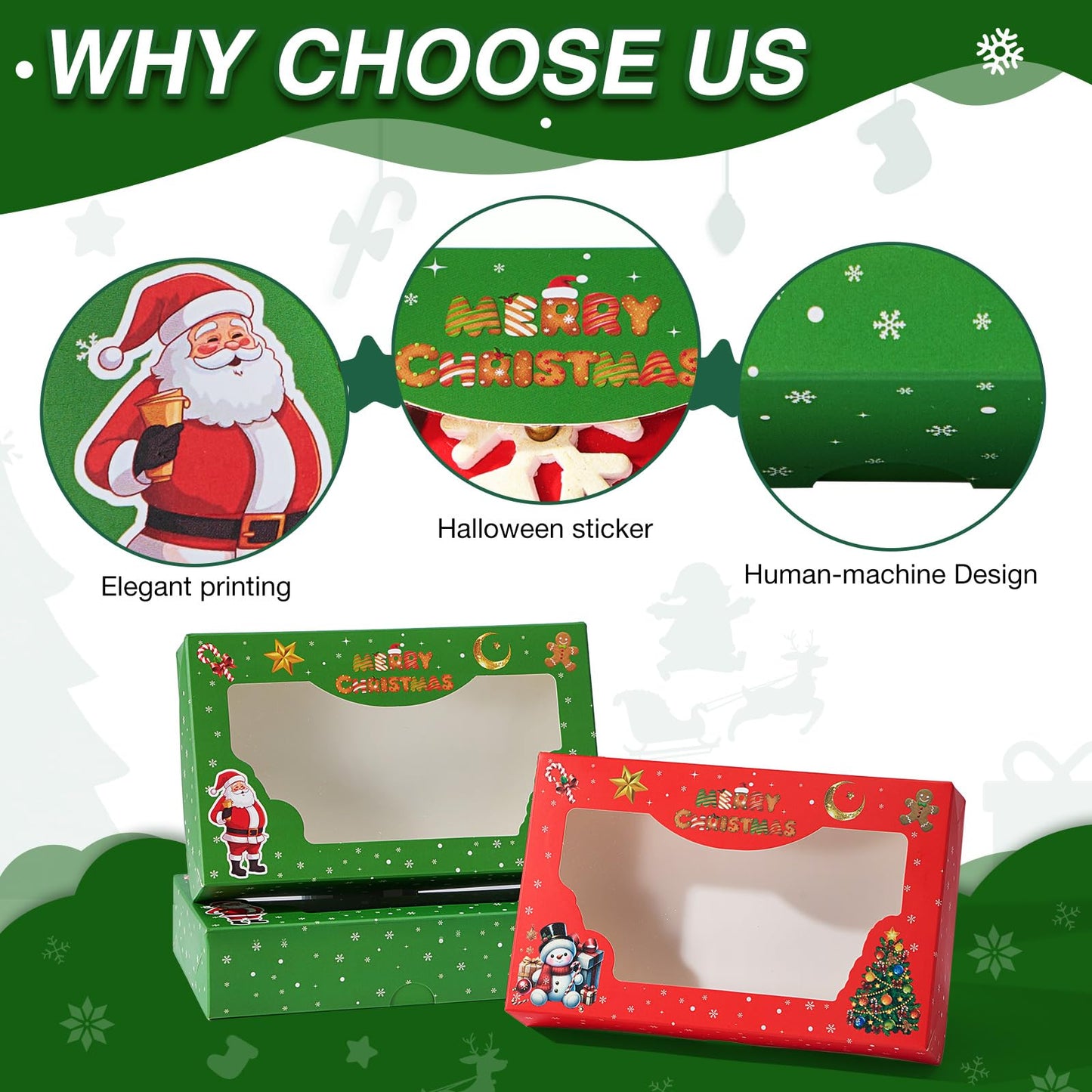 24PCS 7x4.3x1.5Inch Christmas Cookie Gift Boxes (3 Patterns&Clear Window) – Ideal for Cookie, Strawberry, Macaron, Ores; Treat Boxes for Party, Wedding, Birthday, Christmas Gift-Giving