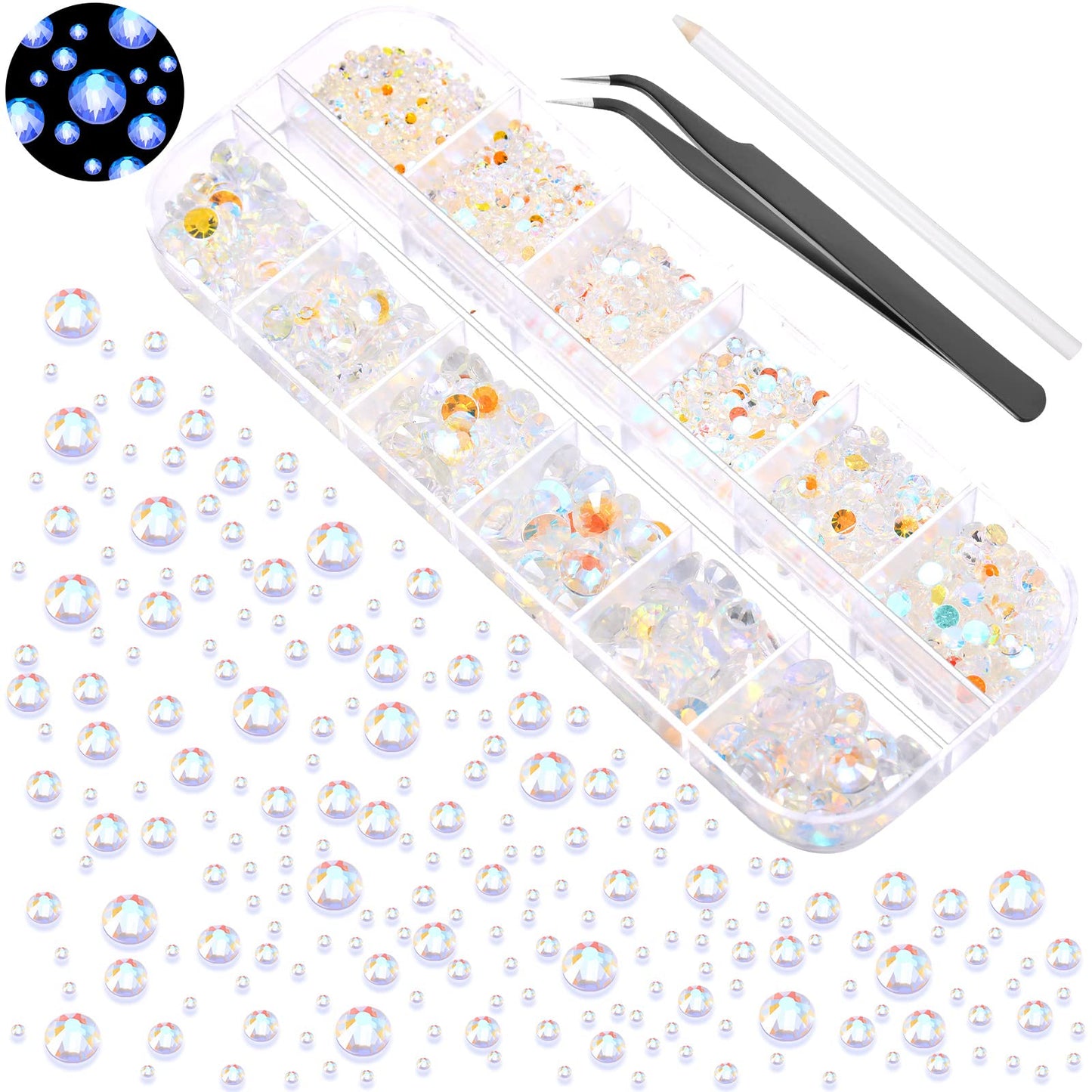 TecUnite 2000 Pieces Flat Back Round White Polar Light Crystal Rhinestones (1.5-6 Mm) with Pick Up Tweezer and Picking Pen for Crafts, Nail, Clothes, Shoes, Bags, DIY Art