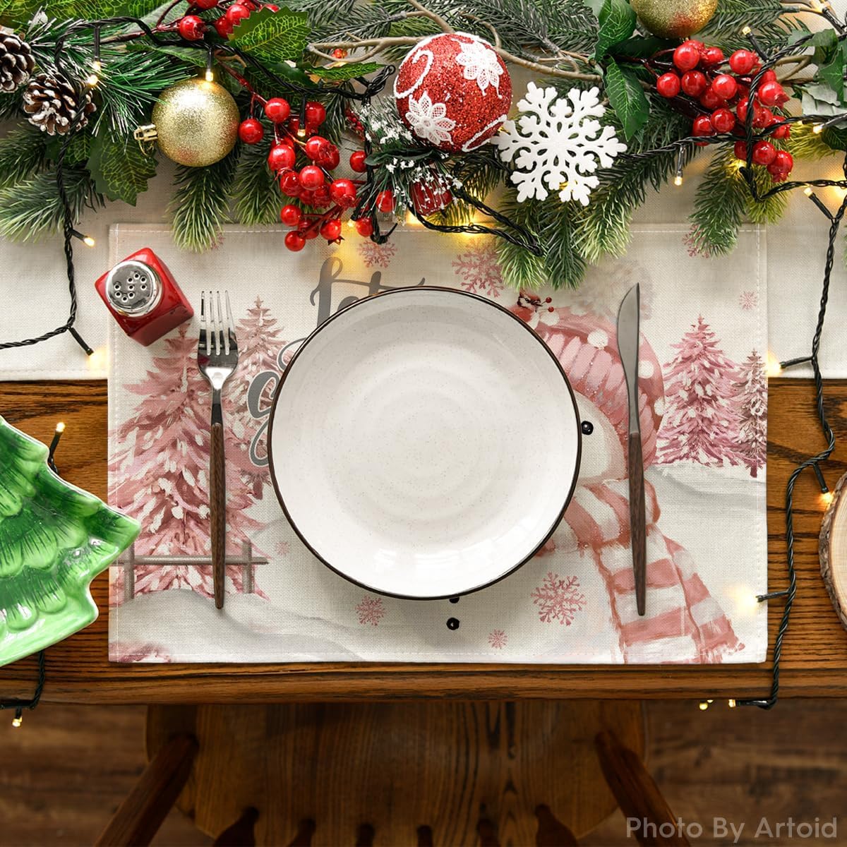 Xmas Trees Let It Snow Pink Snowman Christmas Placemats Set of 4, 12x18 Inch Winter Table Mats for Party Kitchen Dining Decoration