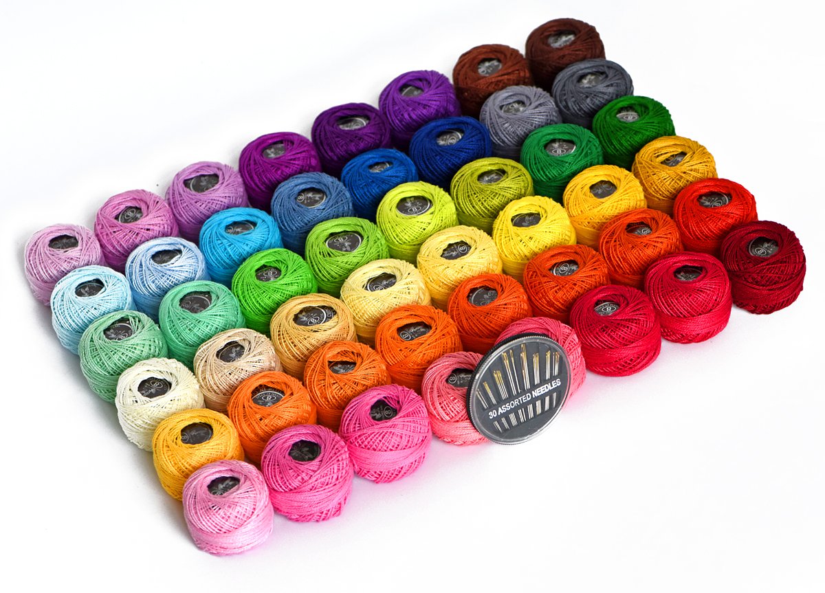48 Crochet Thread Set Balls 100% Long-Staple Cotton Rainbow Colors of Size 8 Threadand Free 30 Golden Needles 48 Balls for Crochet Hardanger Cross Stitch Needlepoint Hand Embroidery