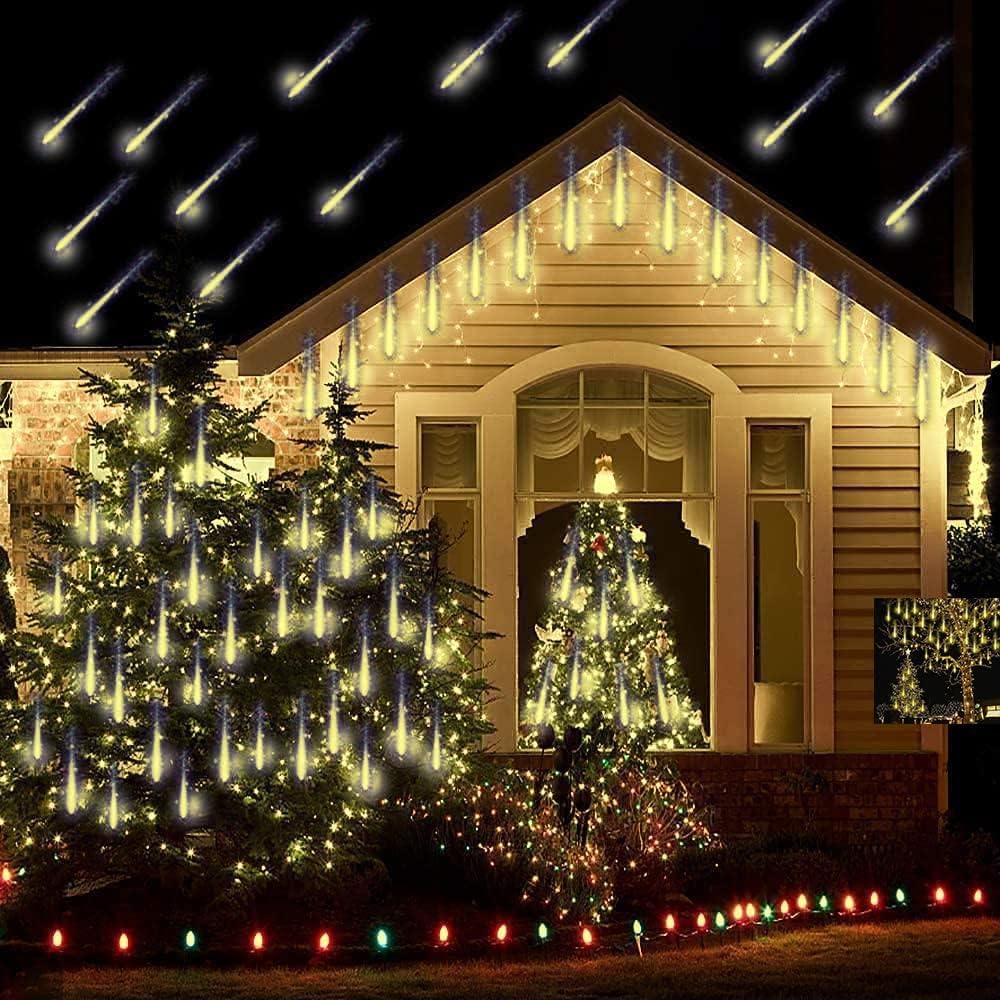 Weepong Christmas Lights Outdoor Falling Rain Meteor Shower Lights 12 inch 8 Tube 192 LED Snowfall Icicle Cascading String Light for Xmas Tree Christmas Decorations Holiday Garden, UL Plug,Warm White