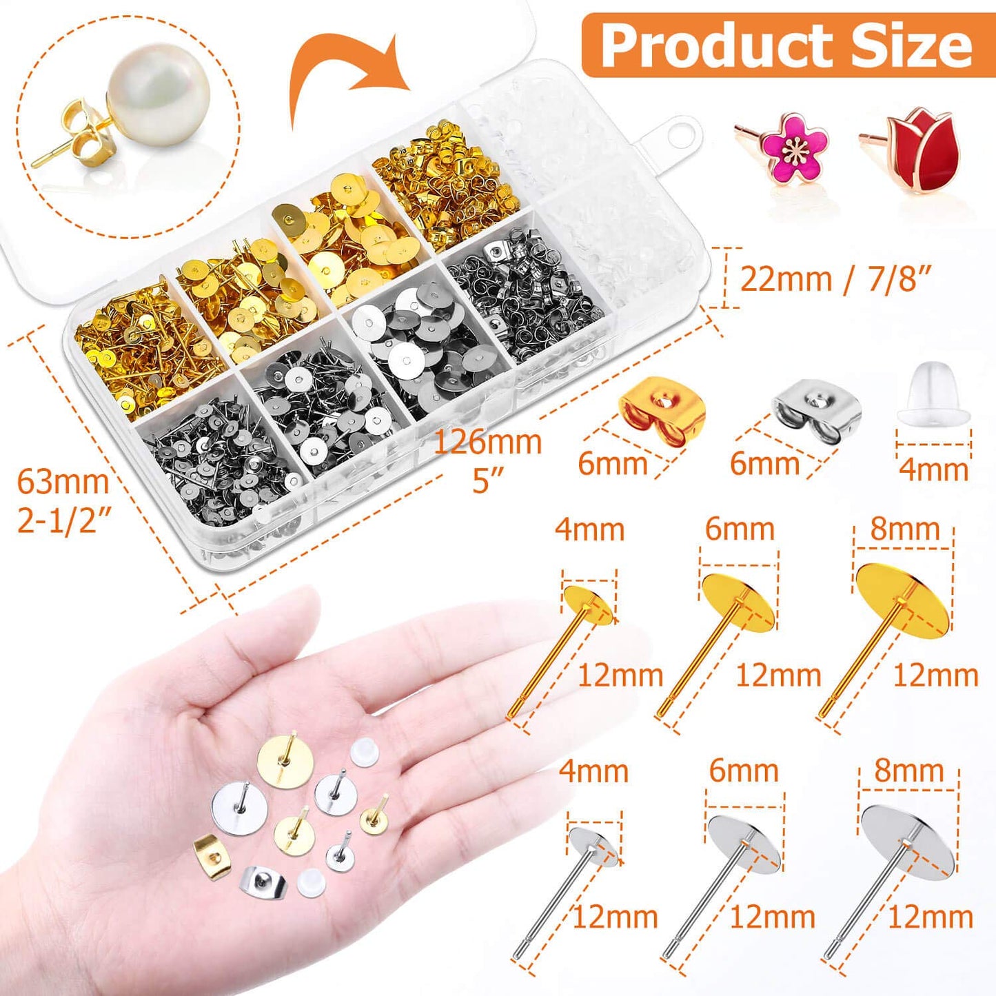 Earring Posts and Backs, Caffox 2000pcs Stud Earring Making Kit with Earring Base and Earring Backs for Leather Stud, Clay, Pearl Jewelry Making (Gold & Silver)