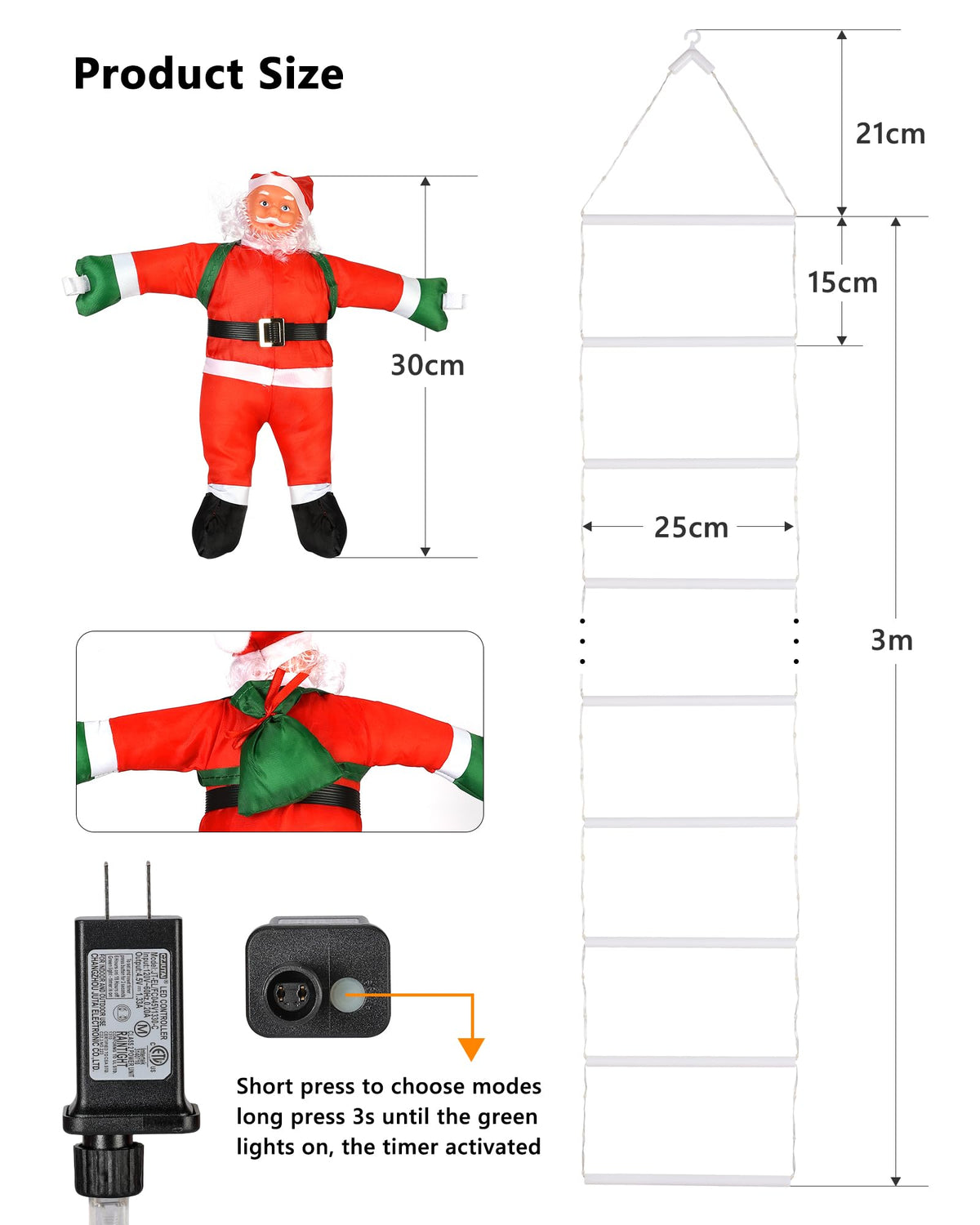 LED Christmas Lights - 10ft Christmas Decorative Ladder Lights with Santa Claus, Xmas Decorations Light for Indoor Outdoor, Window, Garden, Home, Wall, Xmas Tree Decor - White