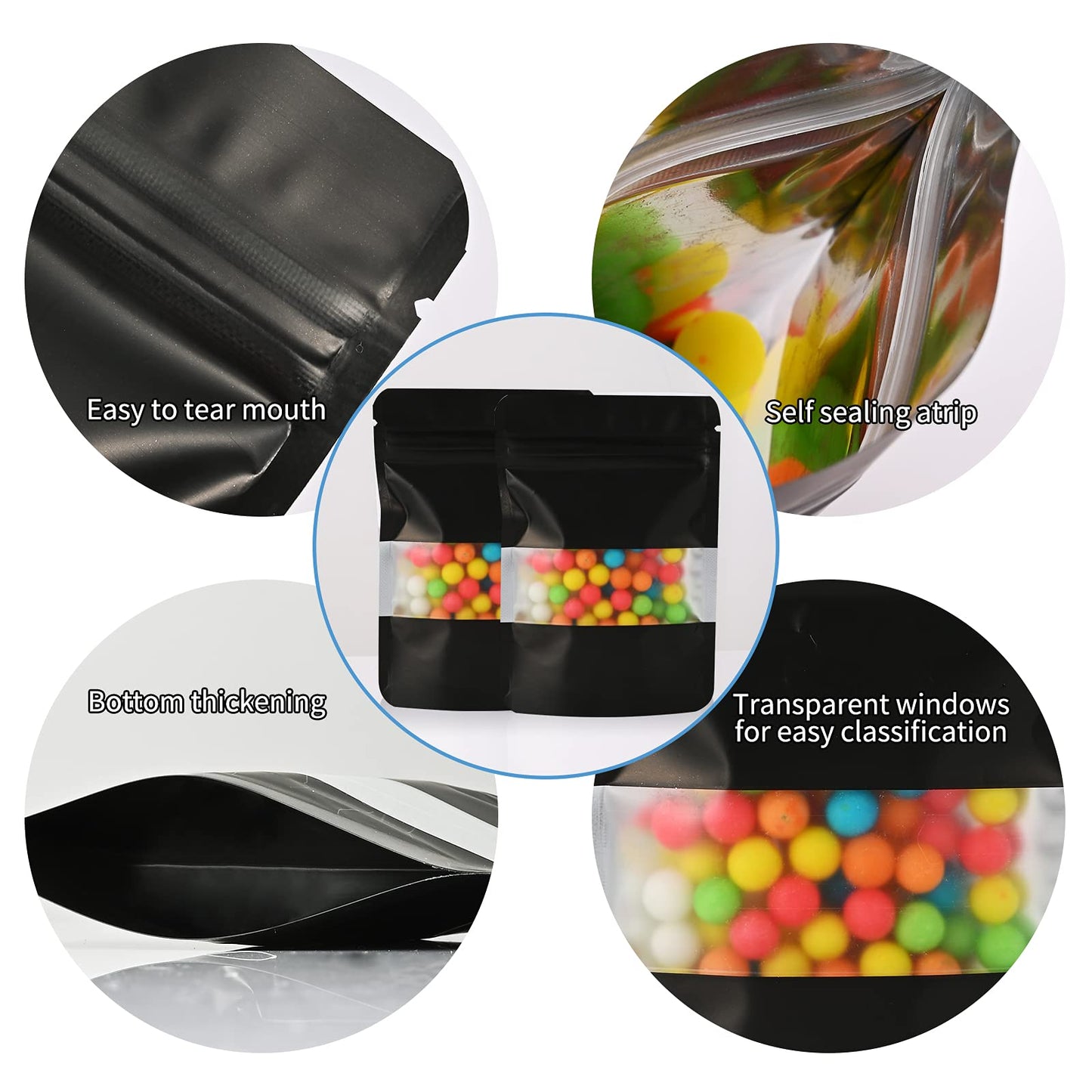 100 Pieces Smell Proof Mylar Bags, Resealable Food Storage Bags with Clear Window, Foil Pouch Stand-up Bags for Food Self Sealing Storage Supplies (Black, 3.5 x 5 Inch)