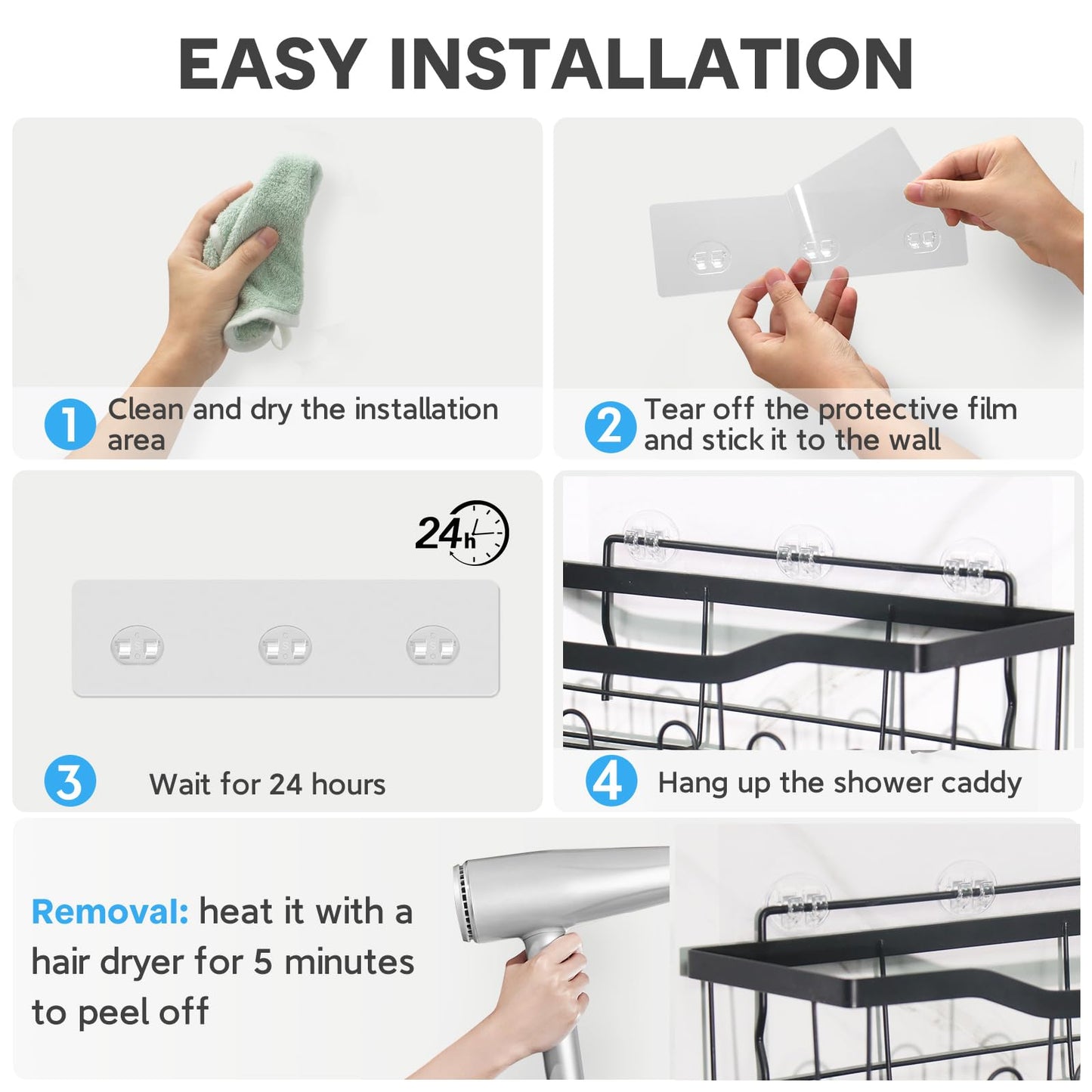 Lsnisni 14 Pack Shower Caddy Adhesive Replacement, Strong Adhesive Hooks, Waterproof Shower Adhesive Strips, No Drilling, for Bathroom Storage Shelves and Kitchen Racks