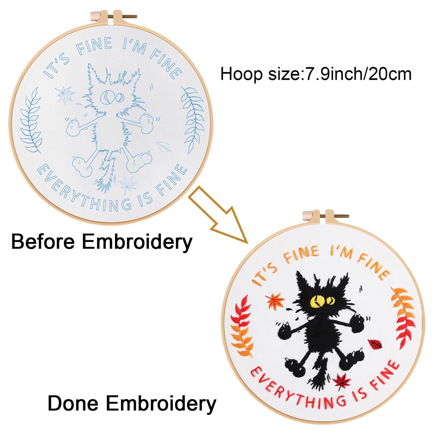 Louise Maelys Cute Cat Embroidery Kits for Beginners with Funny Animal Pattern,Adults Starter Cross Stitch Kit DIY Needlepoint Everything is Fine