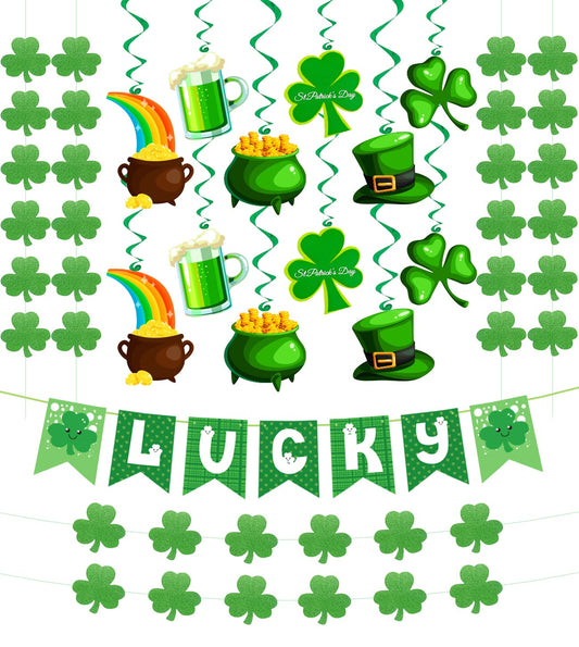 31Pcs St Patricks Day Decorations Pre-Assembled Shamrock Lucky Banner Garlands Clover Hanging Swirls Irish Decor for Home Saint Patrick Party Supplies