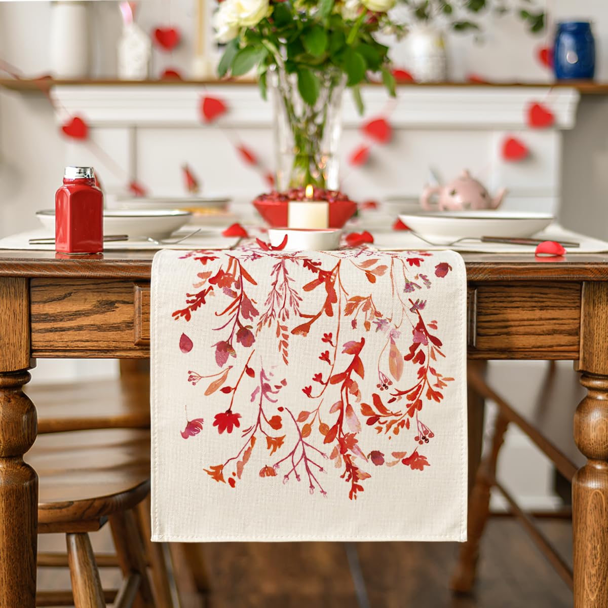 Floral Leaves Valentine's Table Runner, Wild Flowers Seasonal Kitchen Dining Table Decoration for Home Party Decor 13x72 Inch