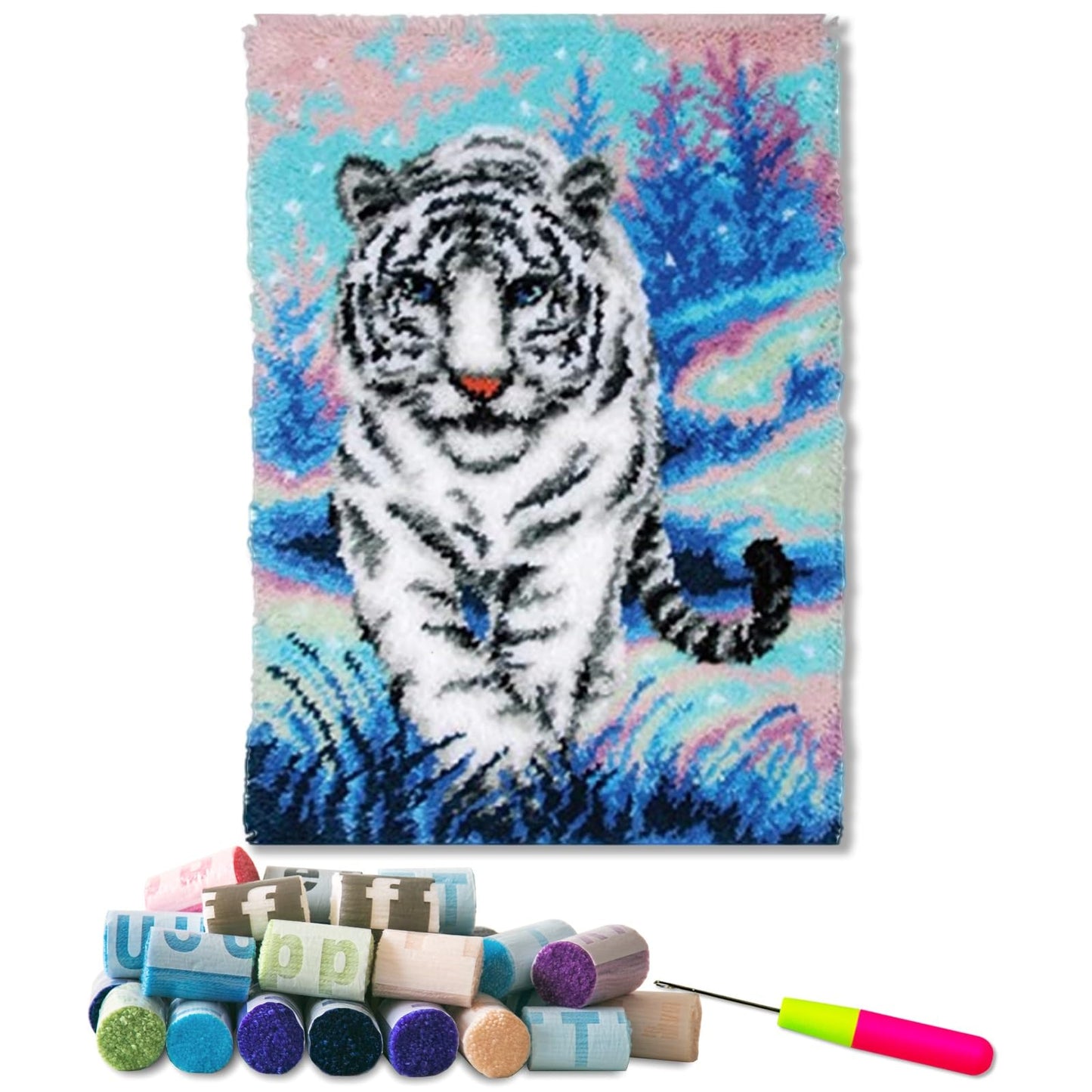 Tiger Latch Hook Rug Kit for Adult, DIY Handmade Carpet Crochet Needlework Mat Knotted Cushion Tapestry, Pre-Printed Latch Hook Kits, Embroidery Decoration Festival Gift 20x15 in.