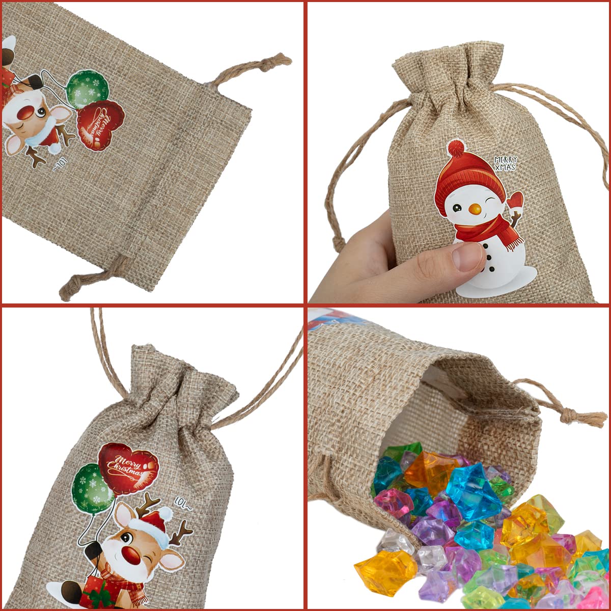 24 Pack Christmas Jute Burlap Bags, Christmas Drawstring Gift Bags for Xmas Presents Holiday Party Favor Treats Candy, 6 Designs