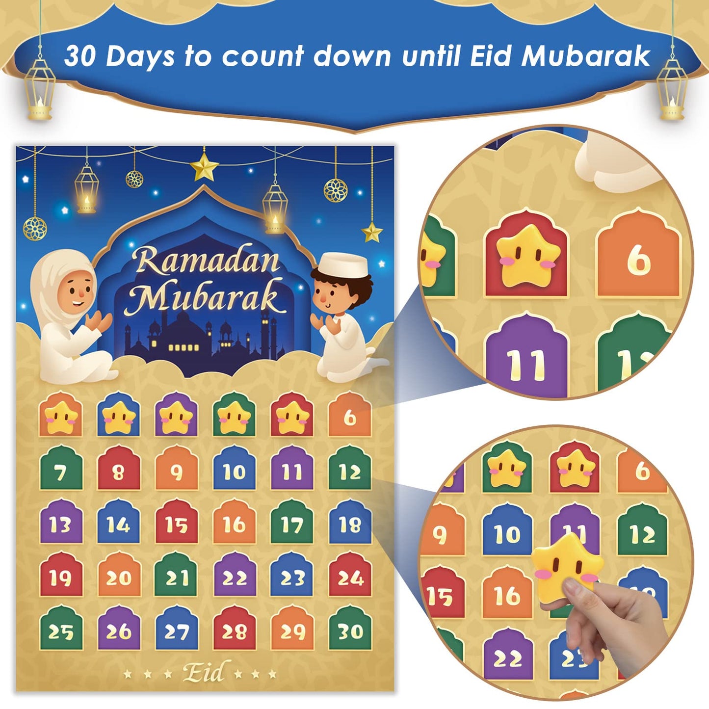 AhfuLife Ramadan Eid Mubarak Countdown Calendar Decoration for Kids, 2025 Eid Mubarak Gift Decorations, 30 Days and 30 Reusable Stars Eid Countdown Poster Wallchart for Home Kids Gift