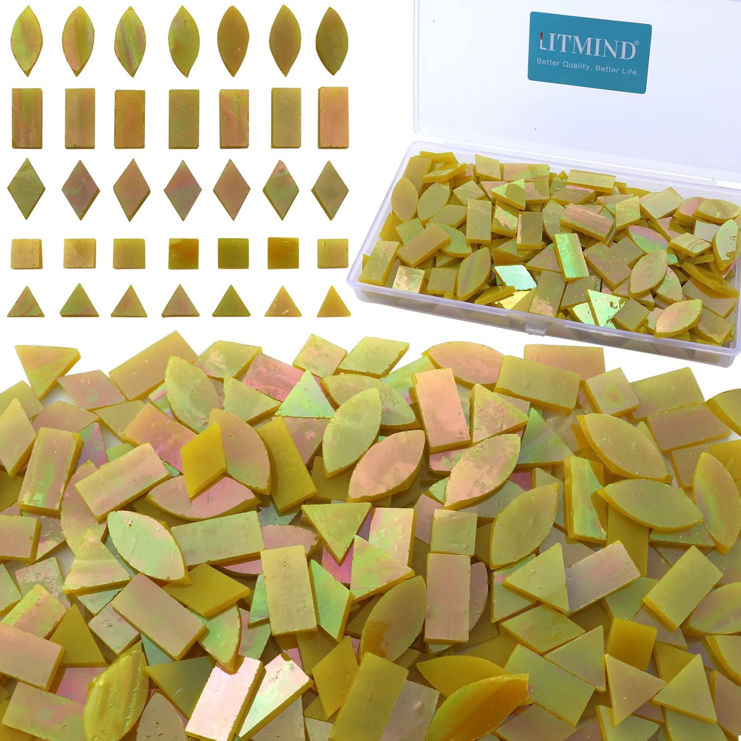 LITMIND Iridescent Glass Mosaic Tiles for Crafts, 240 Pieces 5 Shapes Mixed Yellow Stained Glass Pieces, Mosaic Kits for Adults (Iridescent Yellow)