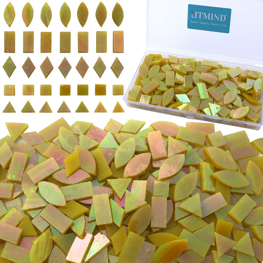LITMIND Iridescent Glass Mosaic Tiles for Crafts, 240 Pieces 5 Shapes Mixed Yellow Stained Glass Pieces, Mosaic Kits for Adults (Iridescent Yellow)