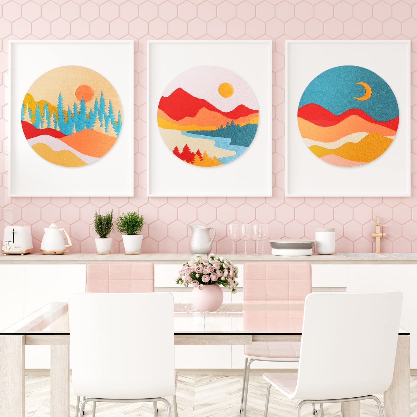 Louise Maelys 3 Set Landscape Embroidery Kits for Beginners with Mountain Sun Moon Pattern,Adults Starter Cross Stitch Kit DIY Needlepoint