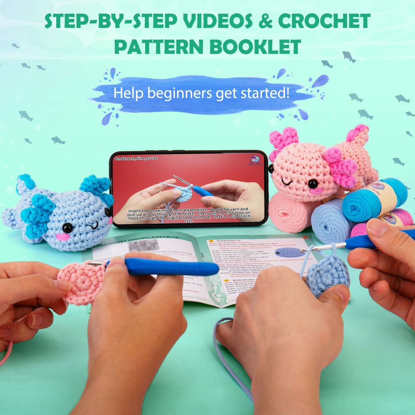 Crochet Kit for Beginner, Crochet Starter Kit w Step-by-Step Video Tutorials, Crochet Kit for Beginners, Beginner Crochet Kit for Adults Kids Women Men Complete Kit Included (Axolotl 2Pack)