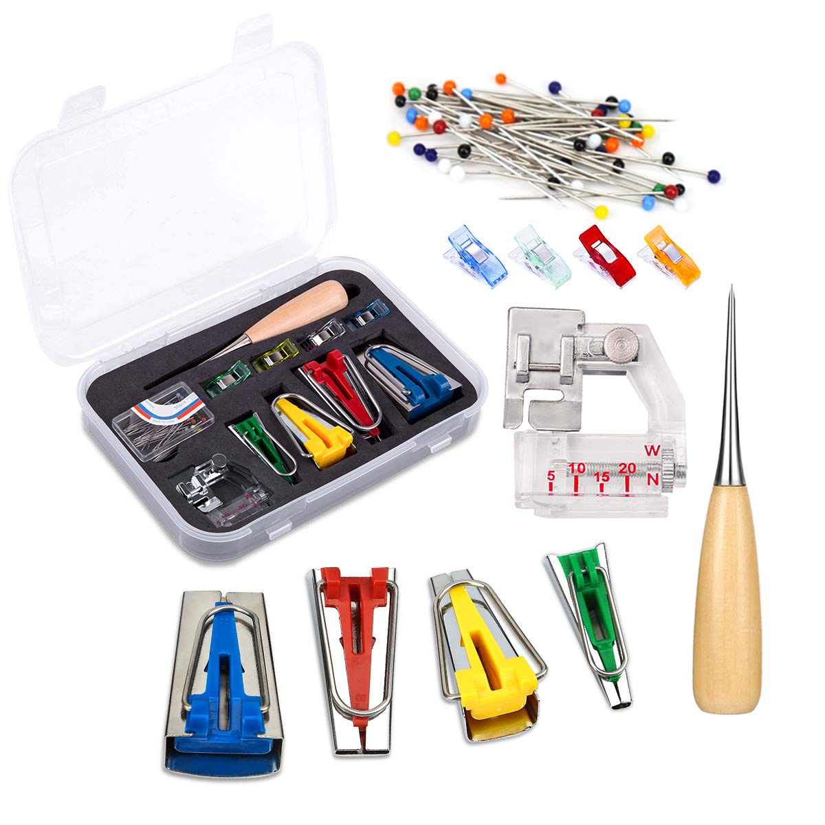 BUTUZE Fabric Bias Tape Makers Kit with Sewing Awl, Positioning Pin, Adjustable Binder Clip,Wooden Awl,Foot Press -Practical Bias Tape Maker Set for Sewing/Quilting