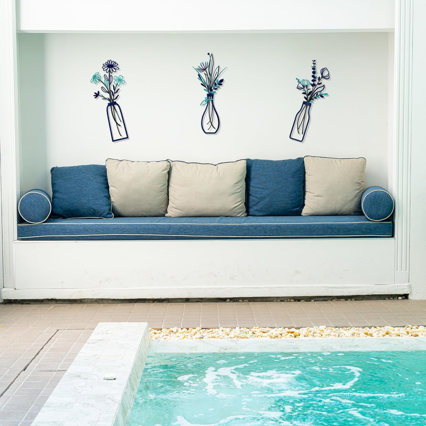 3 Pieces Metal Flowers Wall Arts - Rustic Farmhouse Style Décor Metal Wall Art Black Minimalist Flower Natural Themed Wall Decors for Home Bedroom Dining Room Housewarming (Blue)