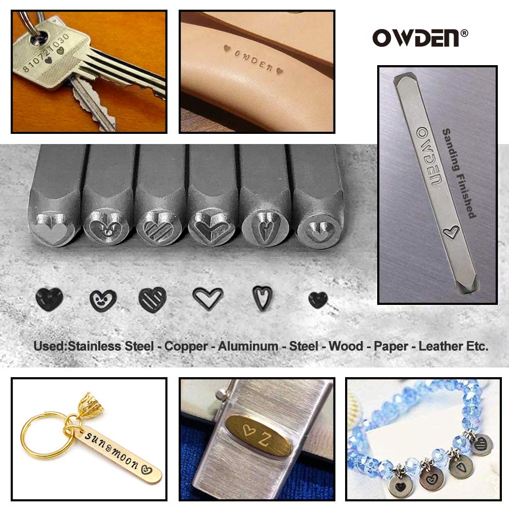 OWDEN Jewelry metal stamps set,6pcs Heart (Love) metal design stamps，6 styles Steel stamp heart punch,metal love stmaps for jewelry working,Metal blank bangle stamps