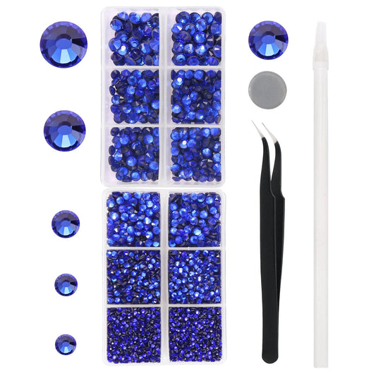MEIBITE 6796PCS Blue Hotfix Rhinestones Crystal Stones Glass for Fabric Clothes Shirts Sparkly Flat Back Round with Tweezers and Picking Pen (SS6~SS30 Set)