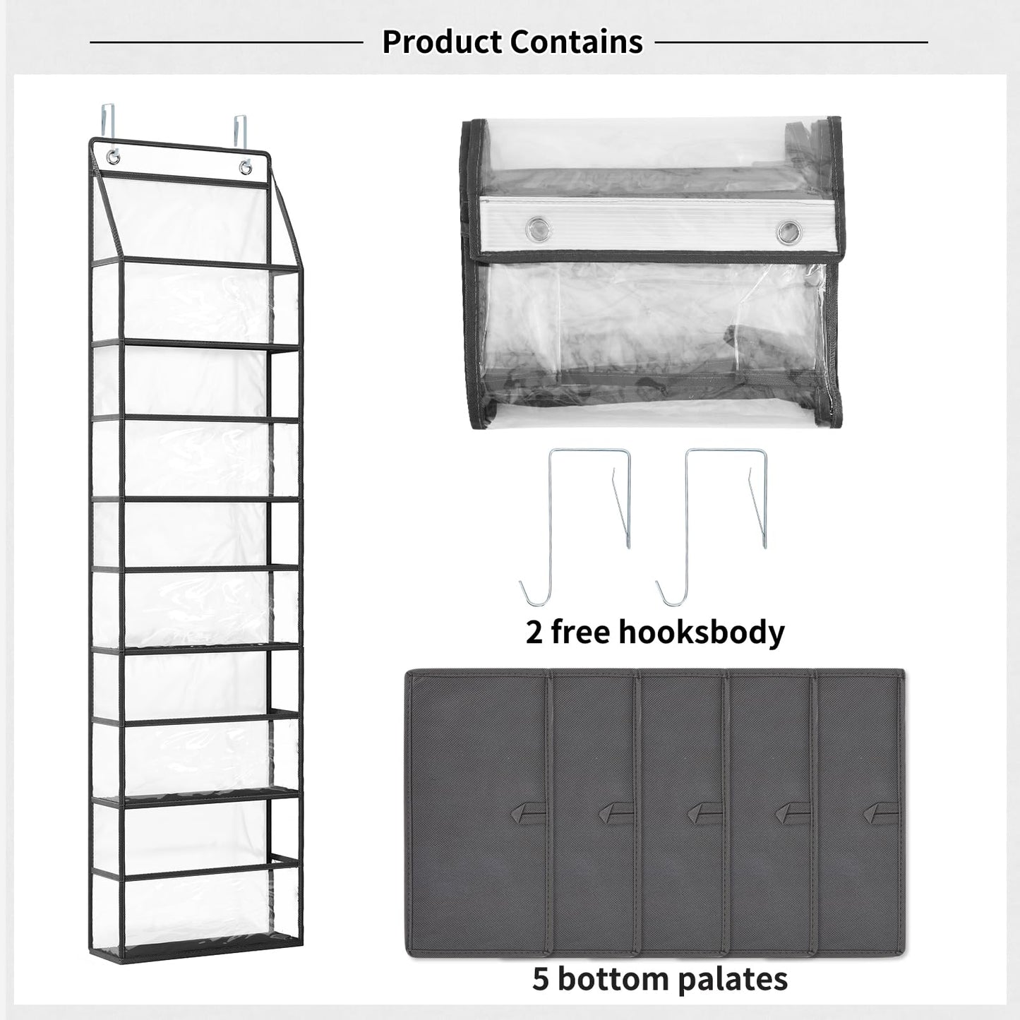 The Door Hanging Pantry Organizer 5-Shelf Room Organizer with Clear Plastic Pockets Behind The Door Storage Organizer Large Capacity Organizer for Closet Bedroom Bathroom (Grey)