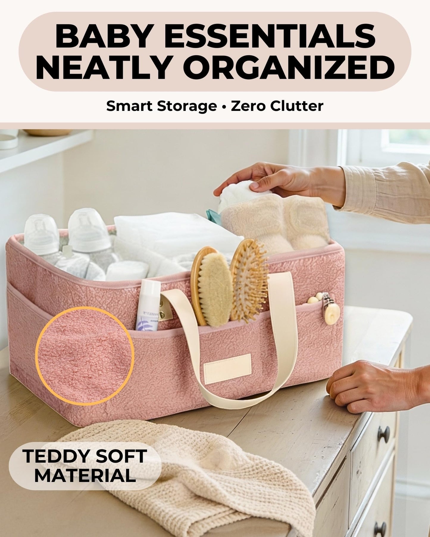 Toodly Baby Diaper Caddy Organizer with Portable Changing Mat - Teddy Fleece Diaper Organizer for Changing Table - Basket for Changing Essentials - Baby Essentials Organizer with Removable Dividers