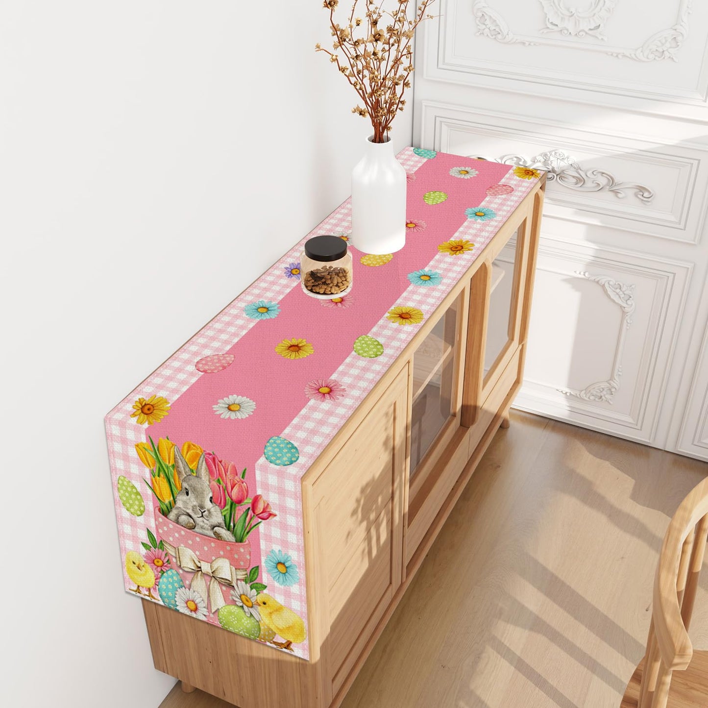 Linen Pink and White Buffalo Check Plaid Easter Table Runner 72 Inches Long Easter Egg Bunny Chick Daisy Tulip Floral Table Decor Spring Summer Easter Home Kitchen Dining Room Table Decorations