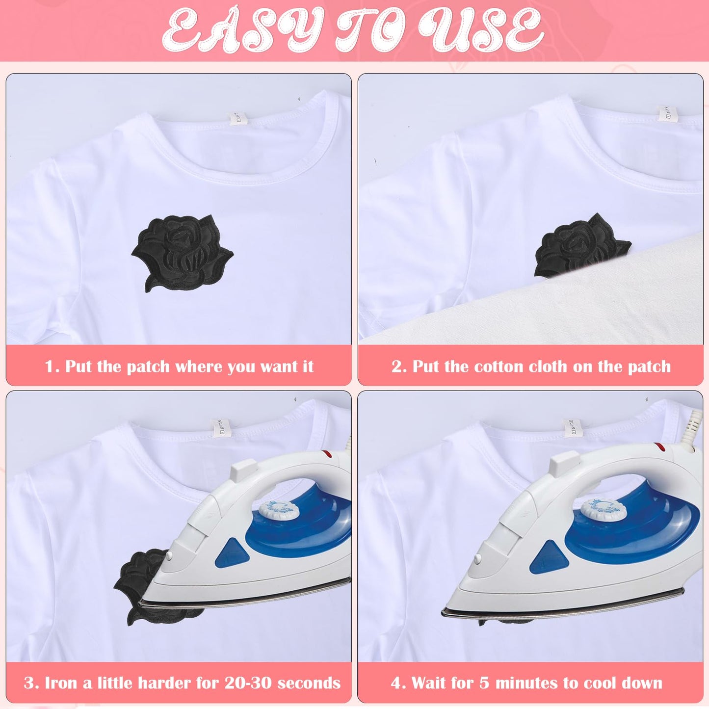 8pcs Black Iron On Rose Flower Patches for Clothes Designs Fabric Repair Patches 4 Size Embroidered Sew On Flower Patches Cool Applique Patches for Jacket Jeans Sweater Hats Shoes Bags for Women