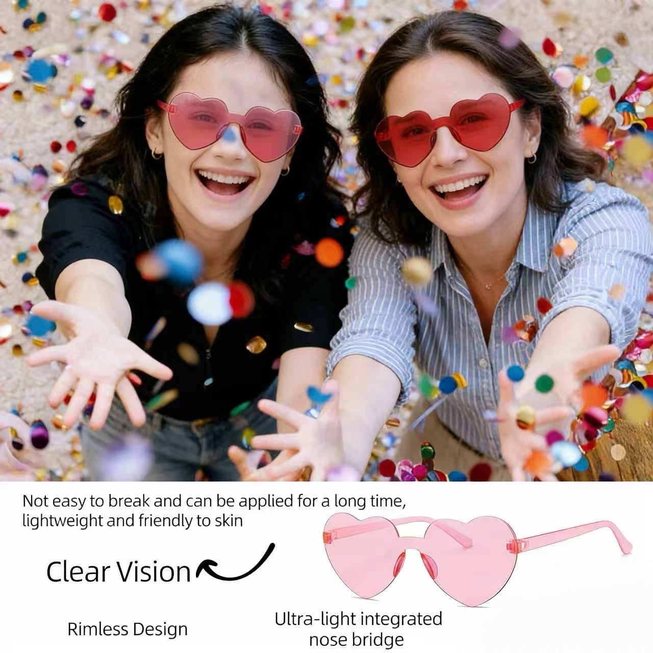 Colrea 12 Pairs Heart Sunglasses for Women Men, Trendy Heart Shaped Rimless Transparent Sunglasses, Colorful Frameeless Glasses, Bachelorette Party Favors