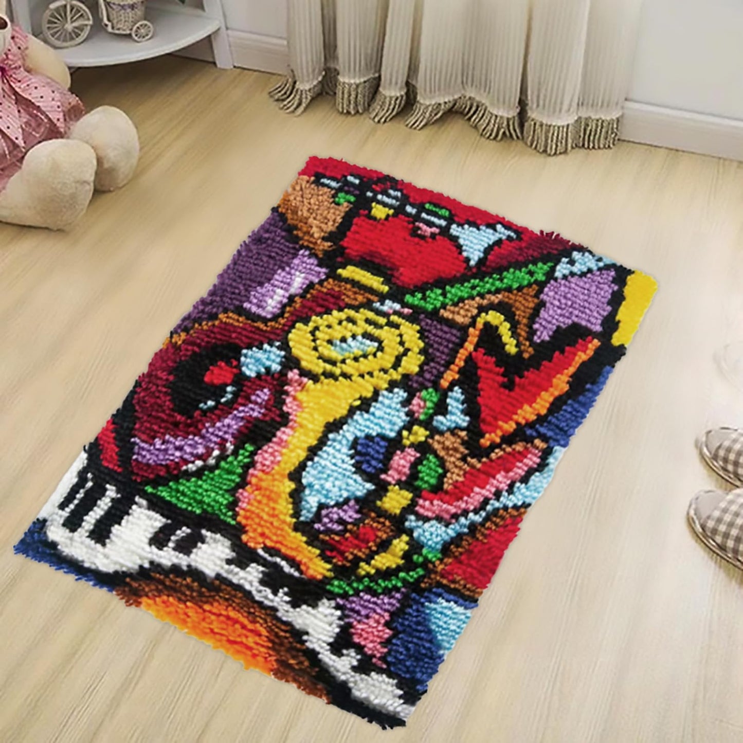 Music Latch Hook Kits Rug, DIY Christmas Latch Hook Kit for Adult Unfinished Crocheting Yarn Embroidery 20.5X15 Inch