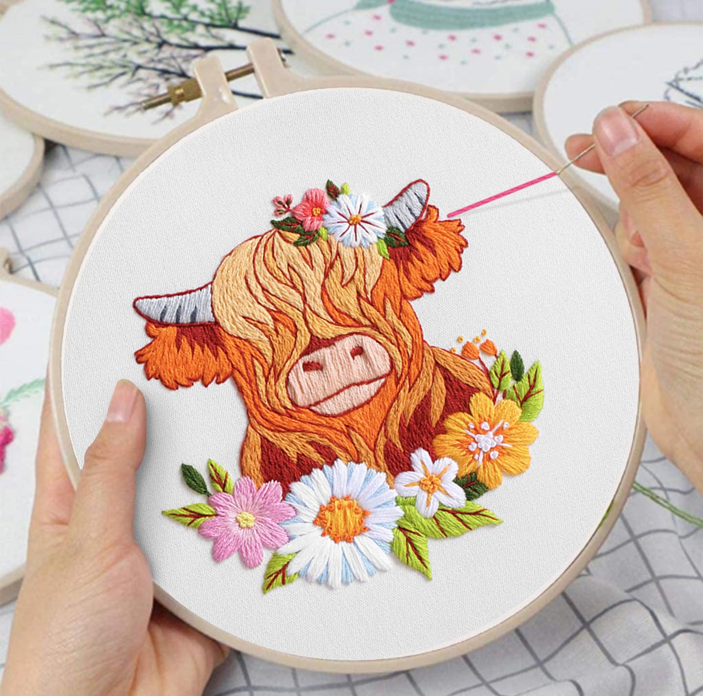 Louise Maelys Highland Cow Embroidery Kits for Beginners,Cross Stitch Kit for Adults,DIY Needlepoint for Starters Including Cloth Hoop Needles Instruction and Threads