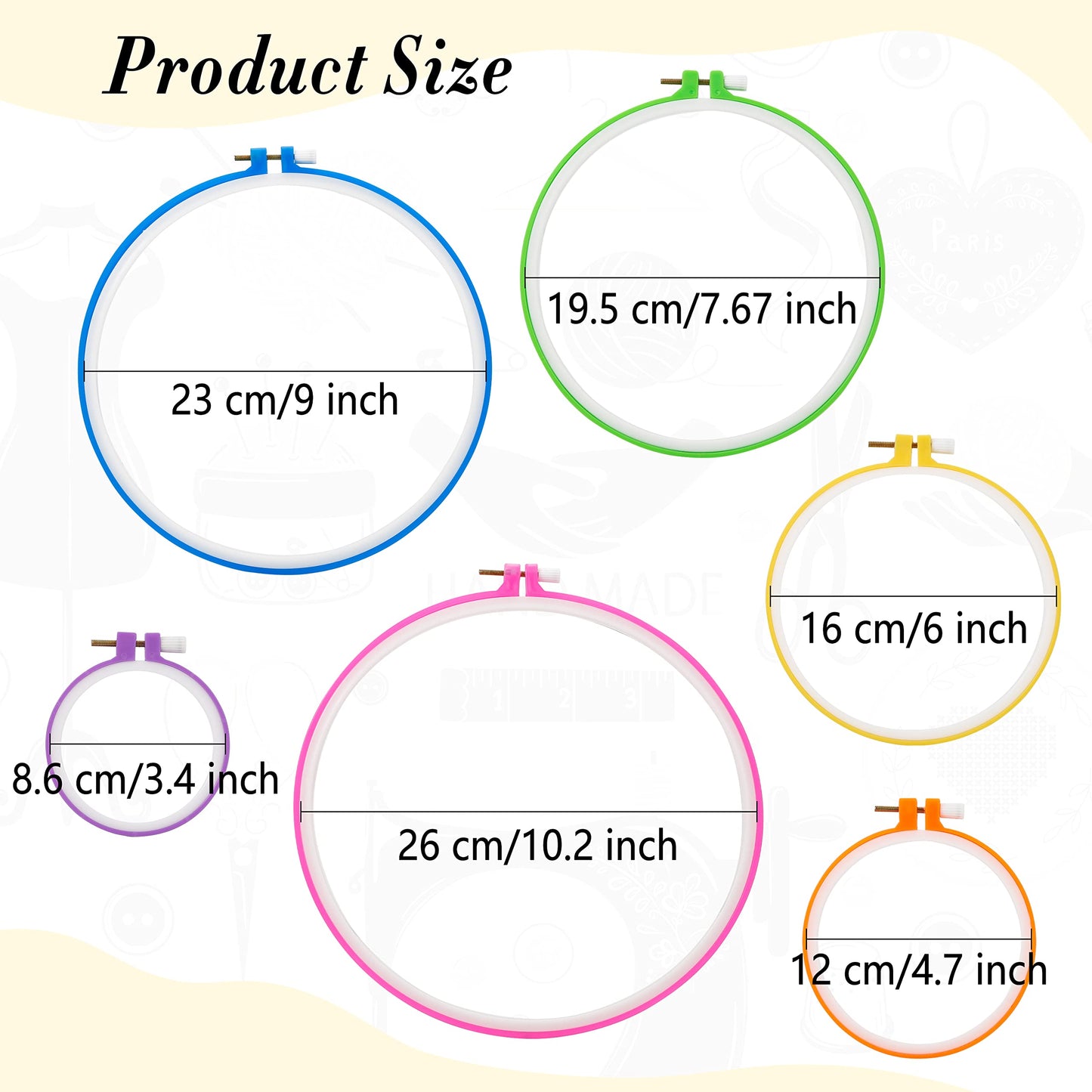 6 Pieces Plastic Embroidery Hoops Set and 16 Pieces Needles Plastic Circle Cross Stitch Hoop Ring 3.4 inch to 10.2 inch for Embroidery and Cross Stitch(Multicolor)