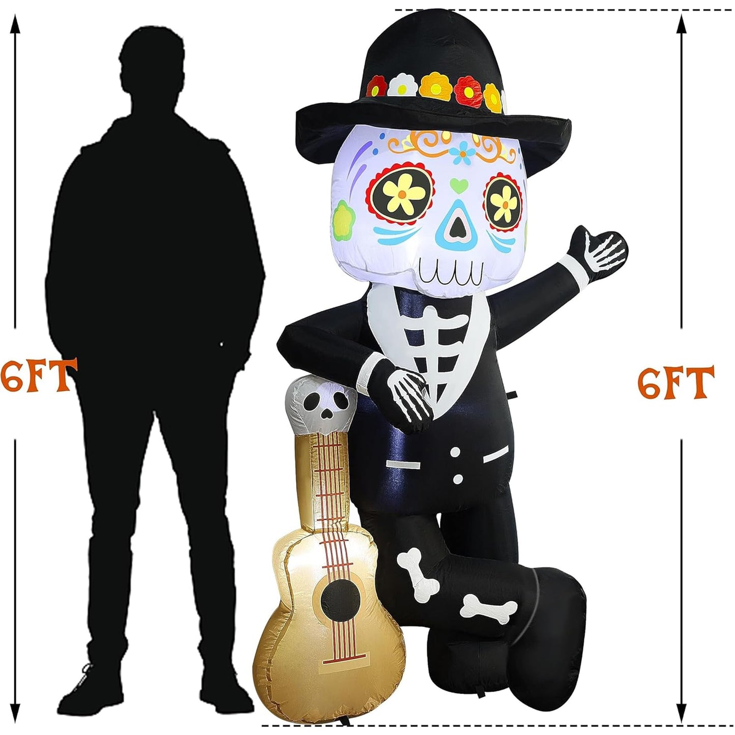 Joliyoou 6FT Halloween Inflatable Decoration, Lighted Blow Up Skeleton with A Guitar, Plug-In Holiday Indoor Outdoor Standing Decor for Spooky Party Day of the Dead (Skeleton Leaning Against A Guitar)