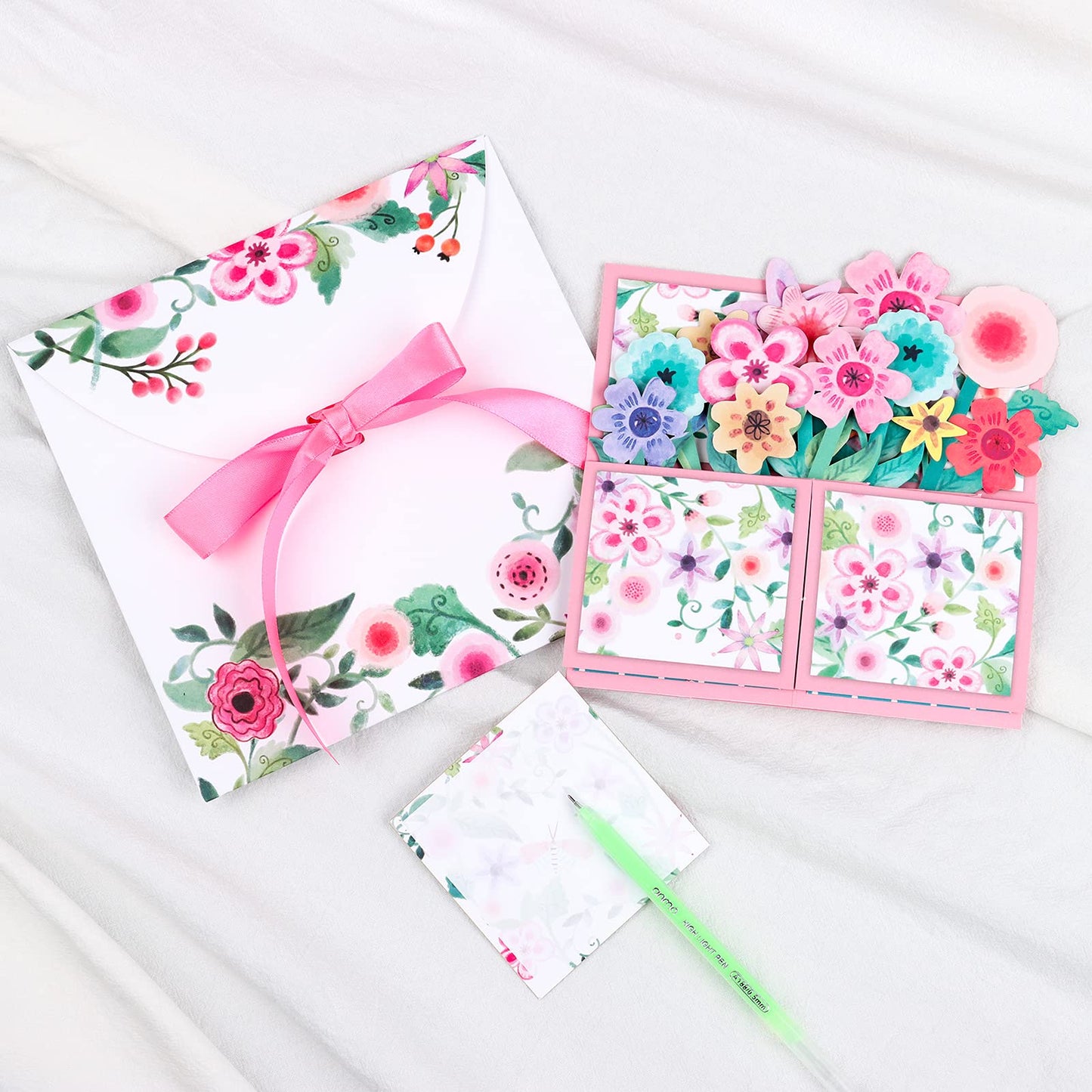 Giiffu 3D Flower Pop Up Card, Watercolor Floral Greeting Cards with Envelope & Notecard; Mothers Day Gift for Mom, Wife, Grandma, Women, Birthday, Thank You, All Occasions