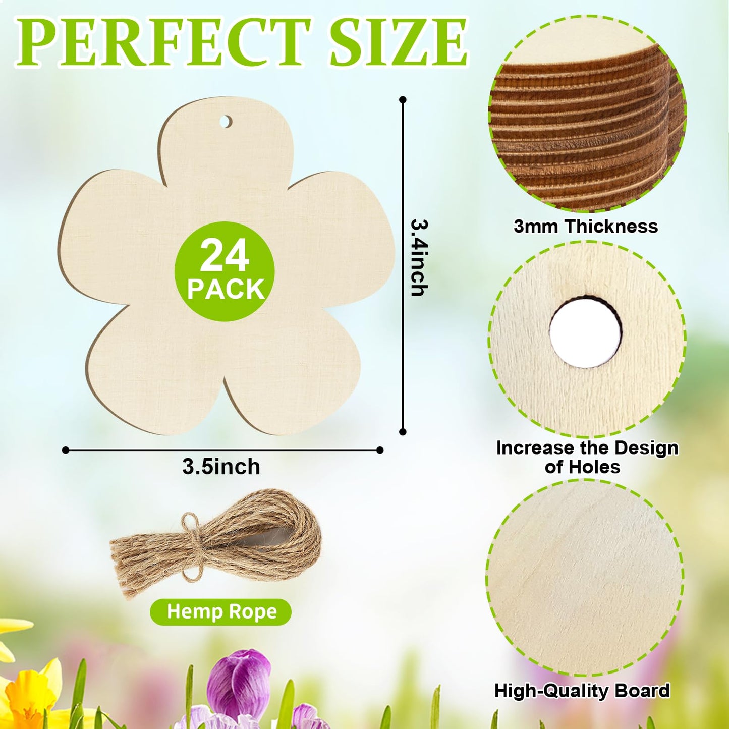 Wooden Flower Ornaments to Paint Spring Decoration Cutouts Unfinished 24PCS 3.5 x 3 inches, DIY Blank Unfinished Pumpkin Wood Discs Ornament for Home Crafts Hanging Easter St.Patricks Day Decoration