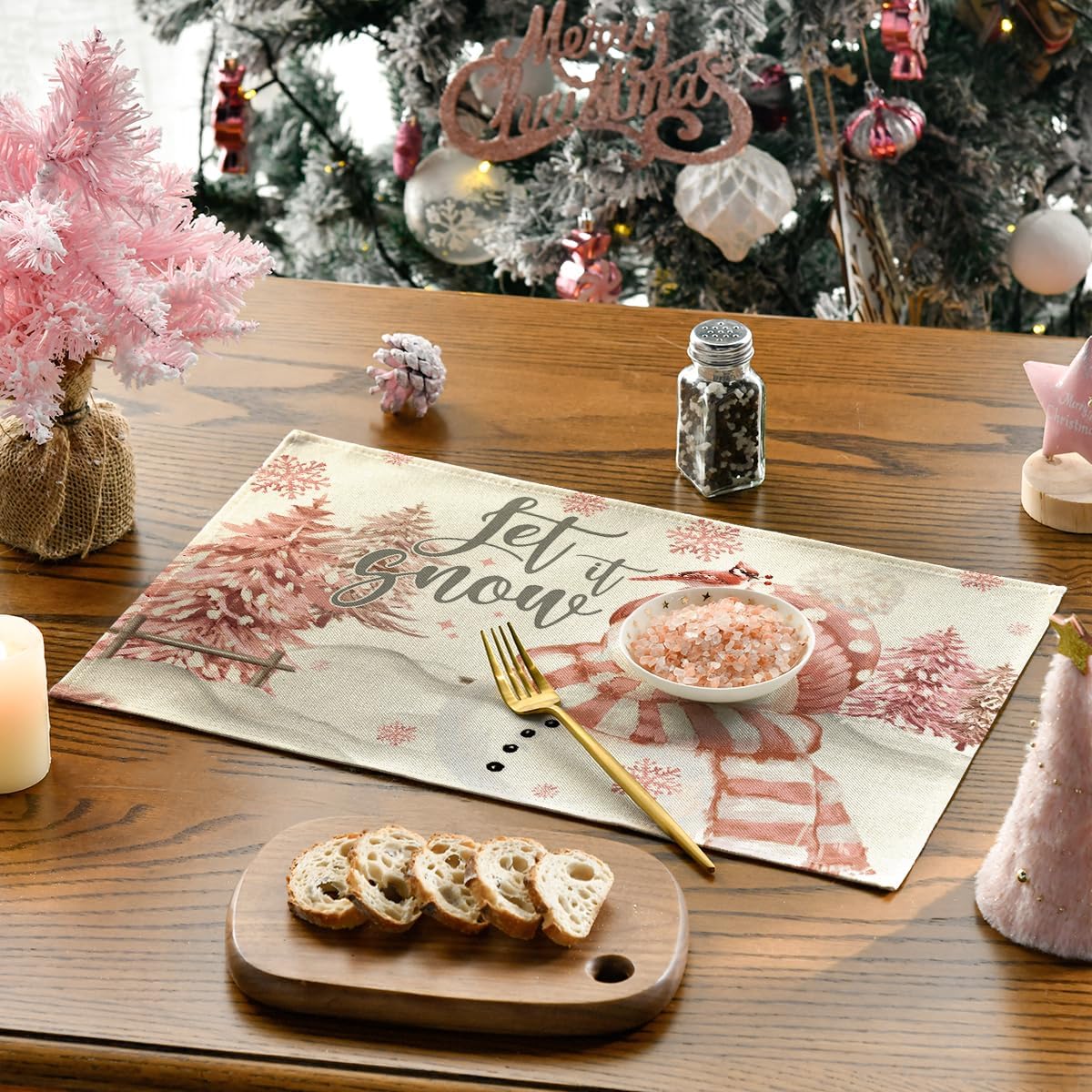 Xmas Trees Let It Snow Pink Snowman Christmas Placemats Set of 4, 12x18 Inch Winter Table Mats for Party Kitchen Dining Decoration