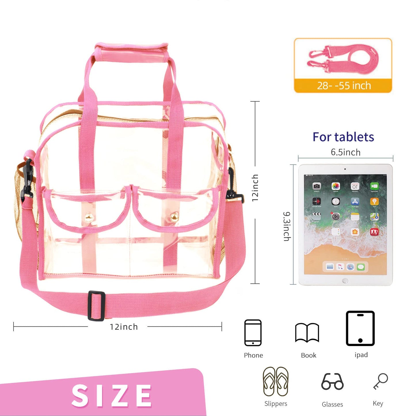 MOFASVIGI Clear Bag Stadium Approved Transparent Waterproof Clear Tote Bags for Work, Sports Games, Concerts,Travel-12 x12 x6