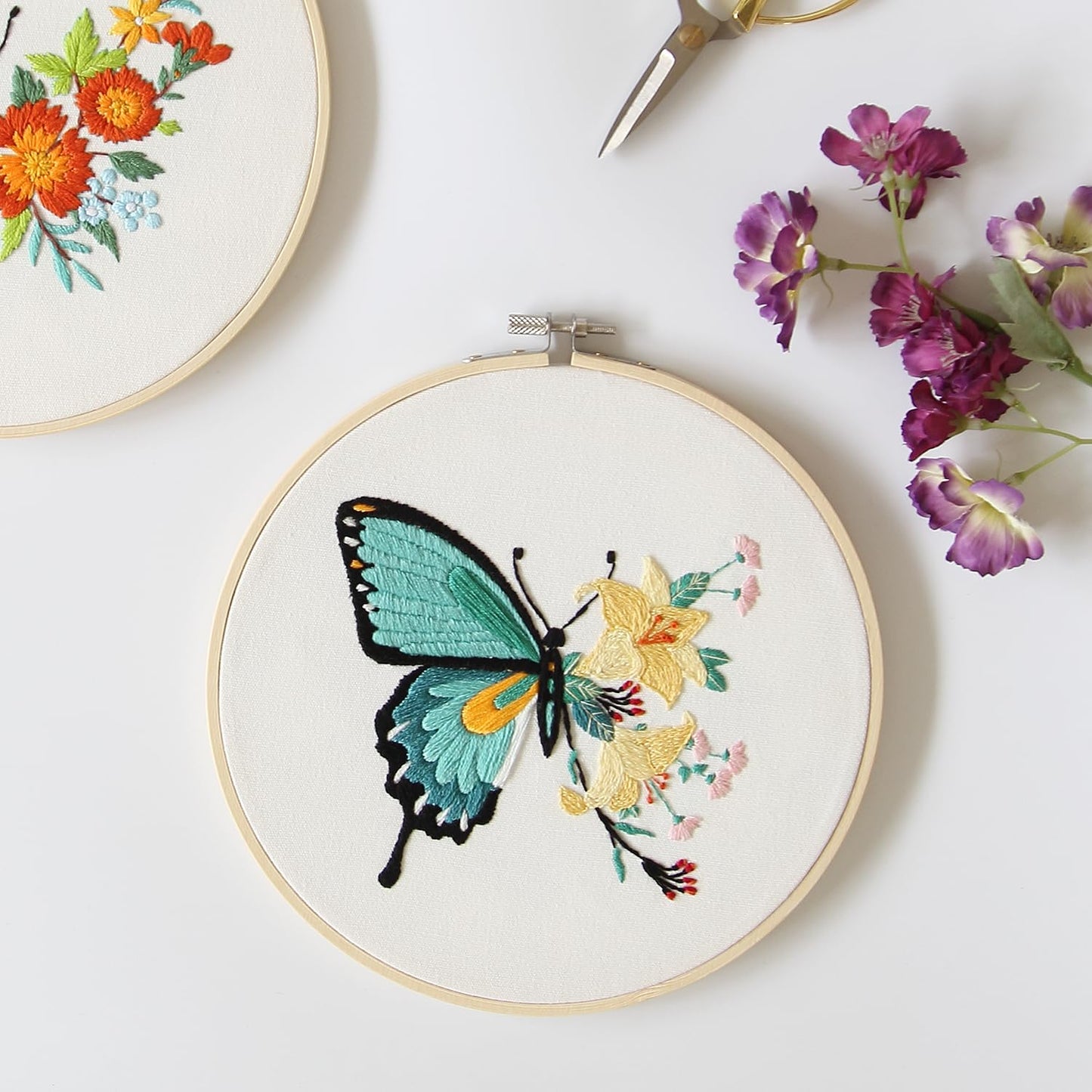 4 Sets Embroidery Set for Beginners, Art Craft, Easy Sewing, Includes Embroidery Clothing, Pattern, Embroidery Hoop, Instruction Manual, Colorful Thread Needles Set (Butterfly)
