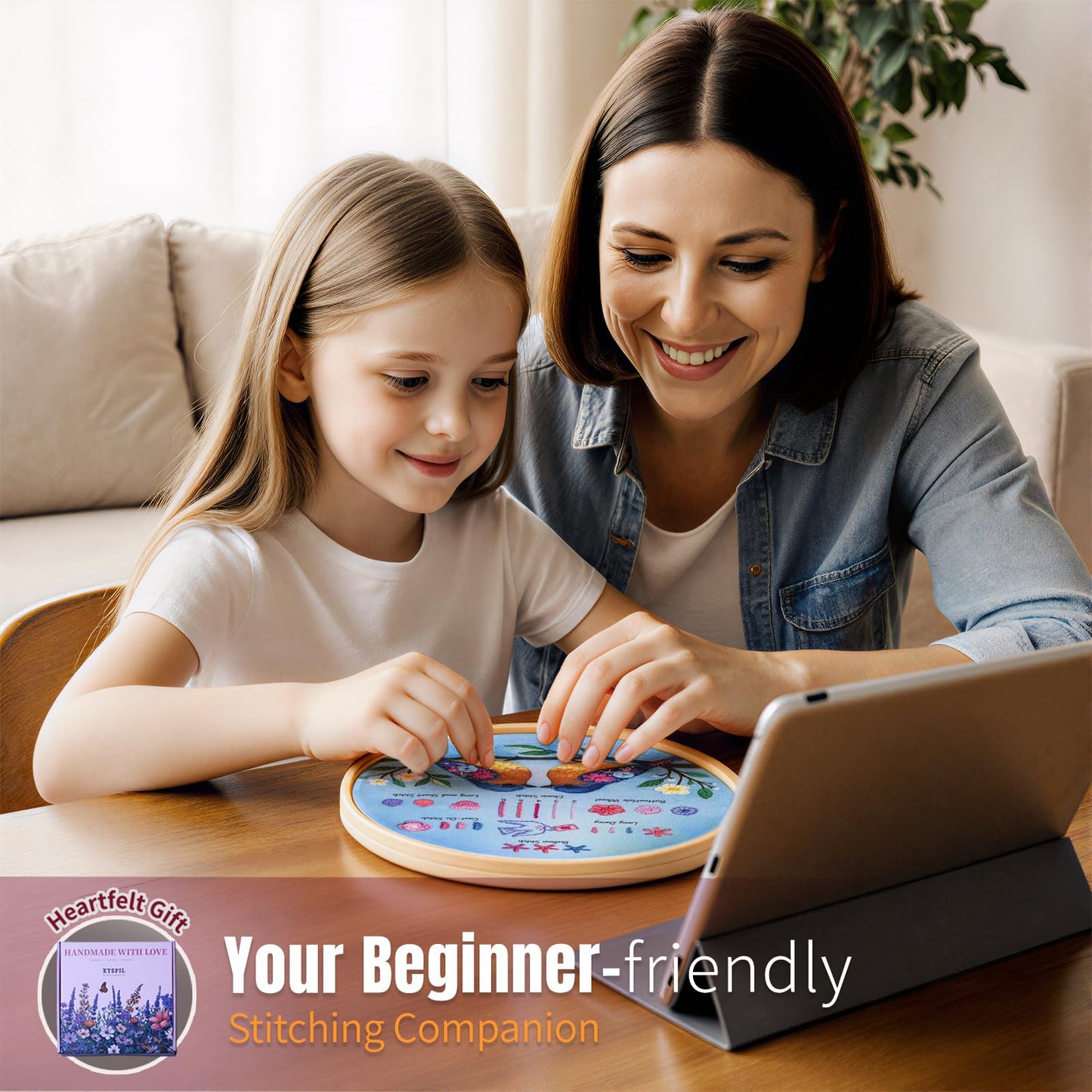 Beginner Embroidery Kit for Teens & Adults - 3-Pack, 19 Stitches, Pre-Stamped Patterns, Needle Minder, 7.8-Inch Hoop, Threads & Needles, Guide & Video - DIY Craft Gift for Women