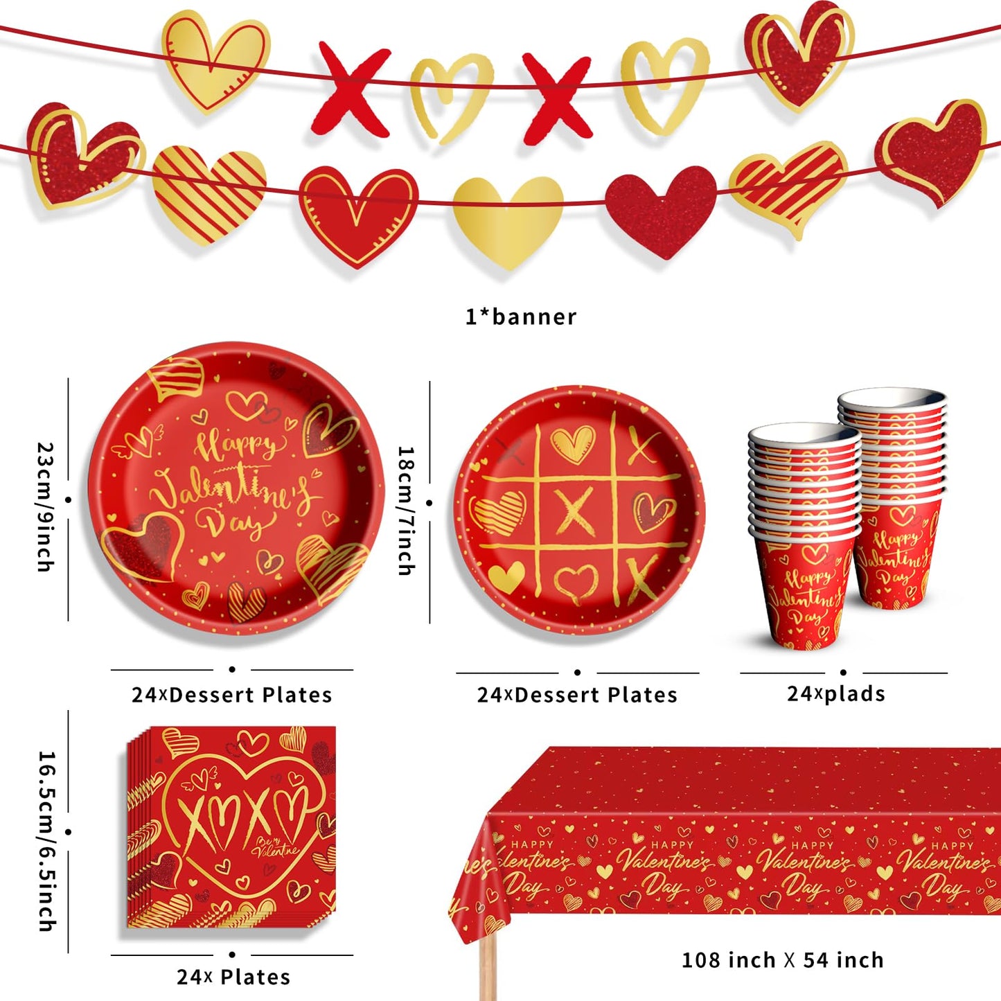 Valentine's Day Party Supplies Tableware Set Red Heart Love Paper Plates Napkins Cups Tablecloth Banner for Valentine's Day Party Decorations, Serves 24