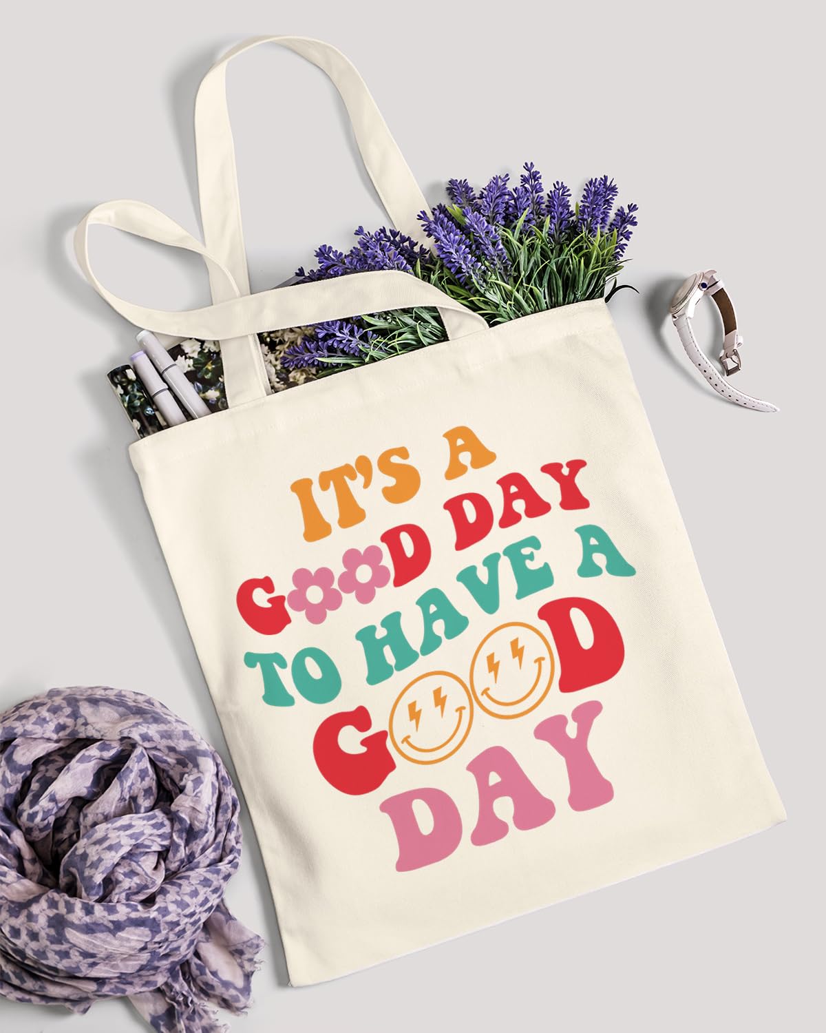 AUSVKAI Canvas Tote Bag Aesthetic Cute For Women Y2K School Grocery Bag Cotton Cloth Beach Totes Gift For Kids Girl-Its A Good Day