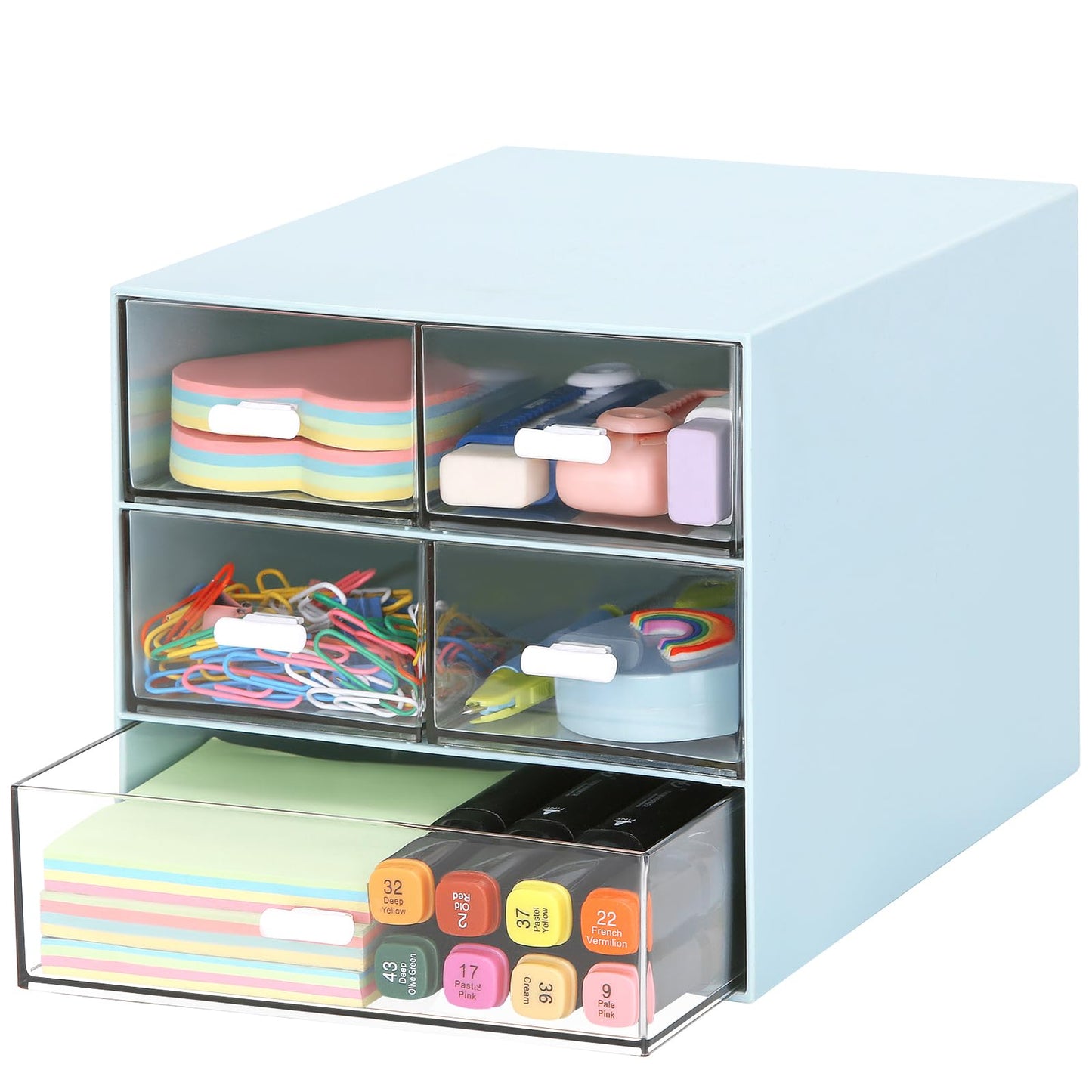 Desk Organizer with 5 Drawers, Rectangular Office Stationery Supplies Desktop Drawers, Plastic Makeup Storage, Suitable for Office, School, Home (Blue & 5 Drawers)